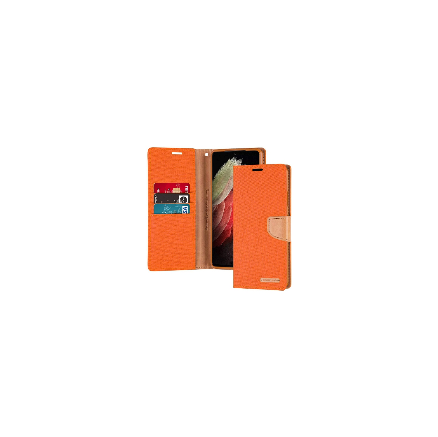 TopSave Goospery CANVAS Card Slot Fabric Folio Wallet Flip Case For Samsung S21 Plus (6.7"), Orange