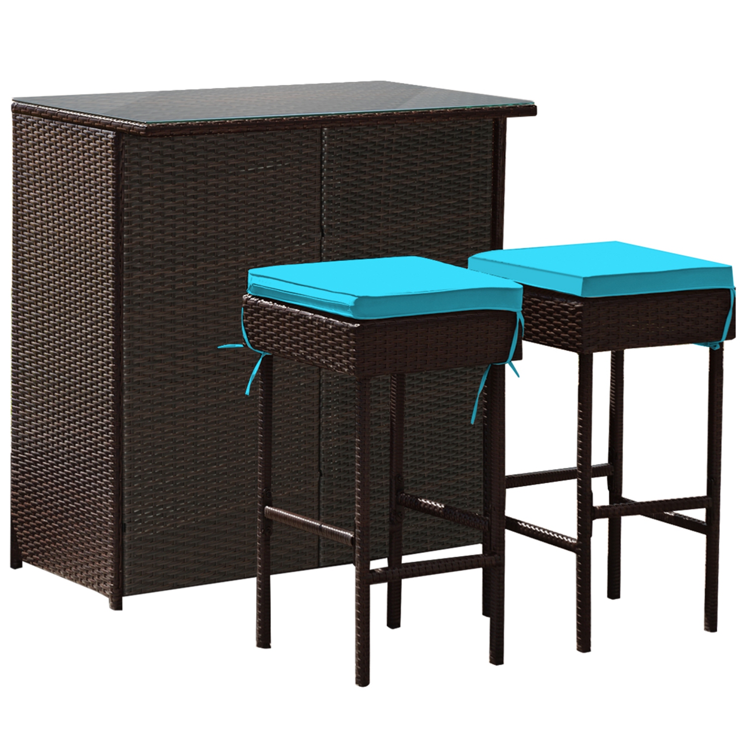Gymax 3PCS Rattan Patio Bar Table & Stool Set Dining Set w/ Turquoise Cushion