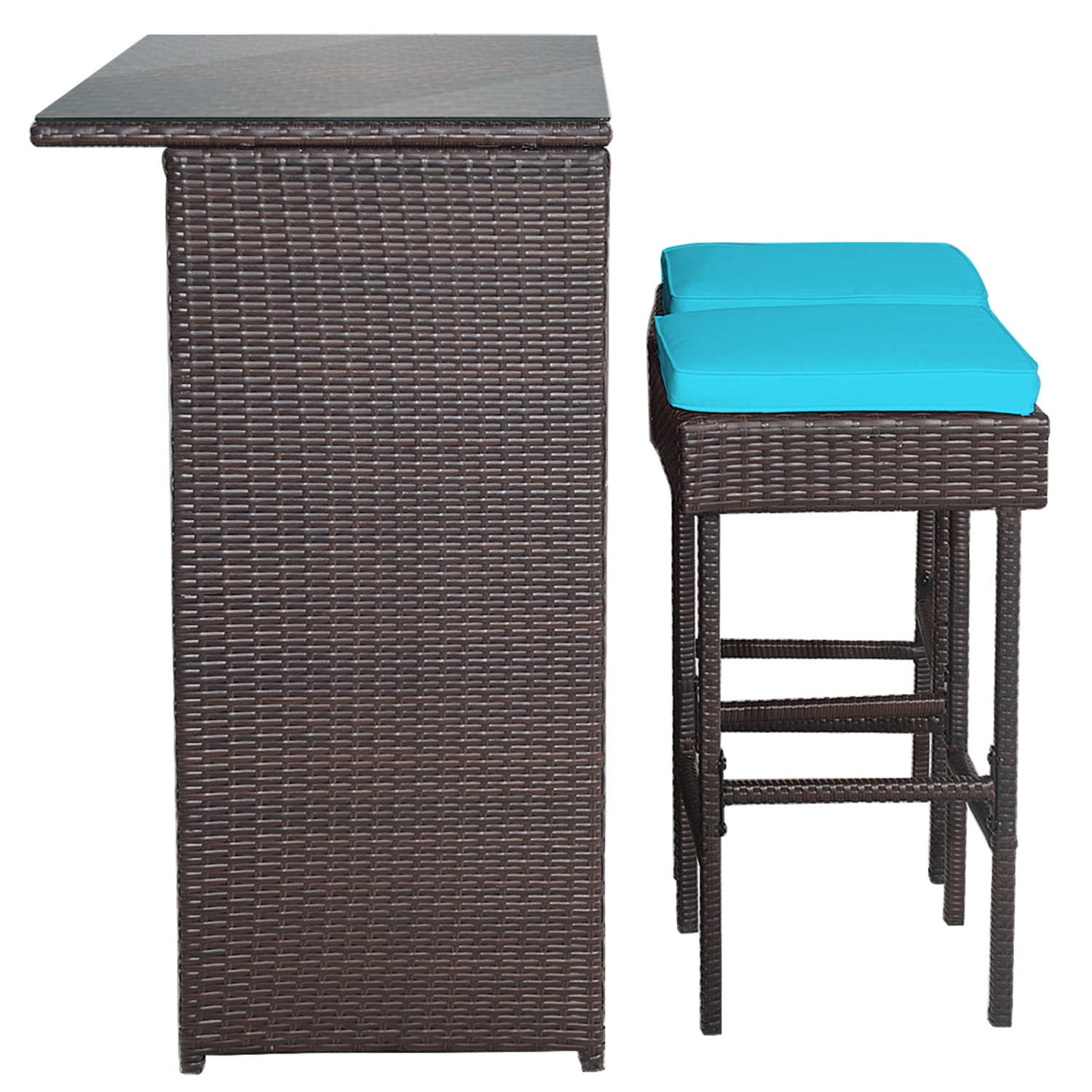 Gymax 3PCS Rattan Patio Bar Table & Stool Set Dining Set w/ Turquoise Cushion