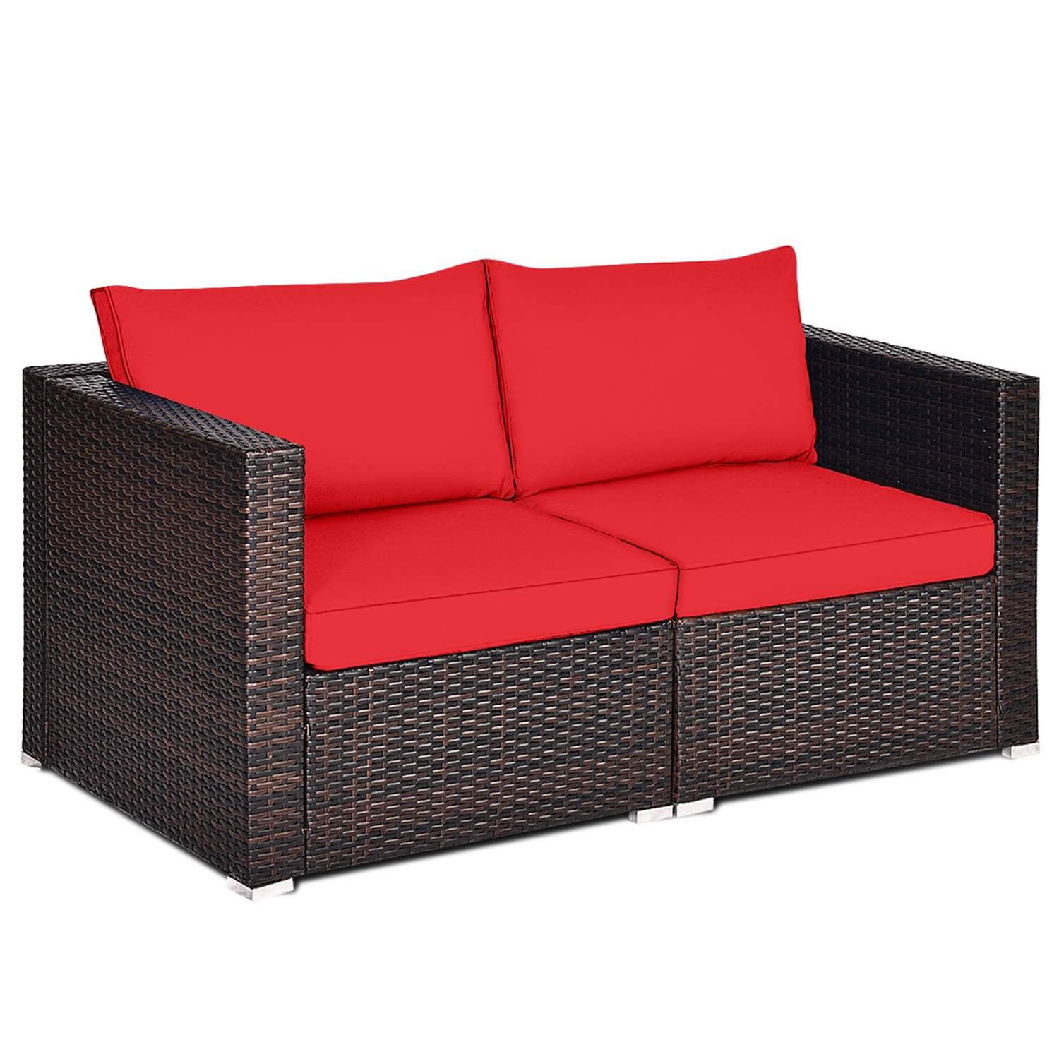 Gymax 2PCS Rattan Corner Sofa Set Patio Outdoor Furniture Set w/ 4 Red Cushions