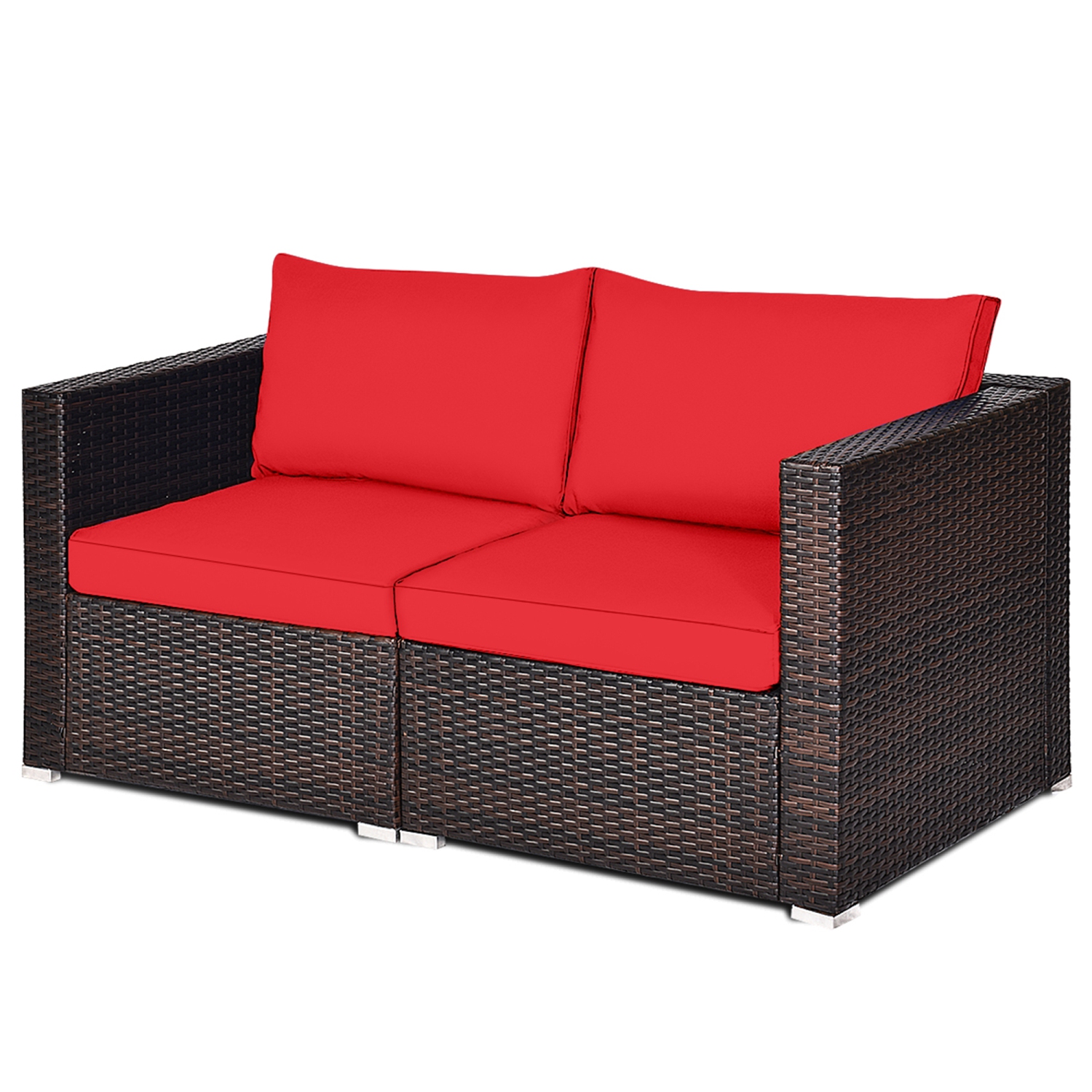 Gymax 2PCS Rattan Corner Sofa Set Patio Outdoor Furniture Set w/ 4 Red Cushions