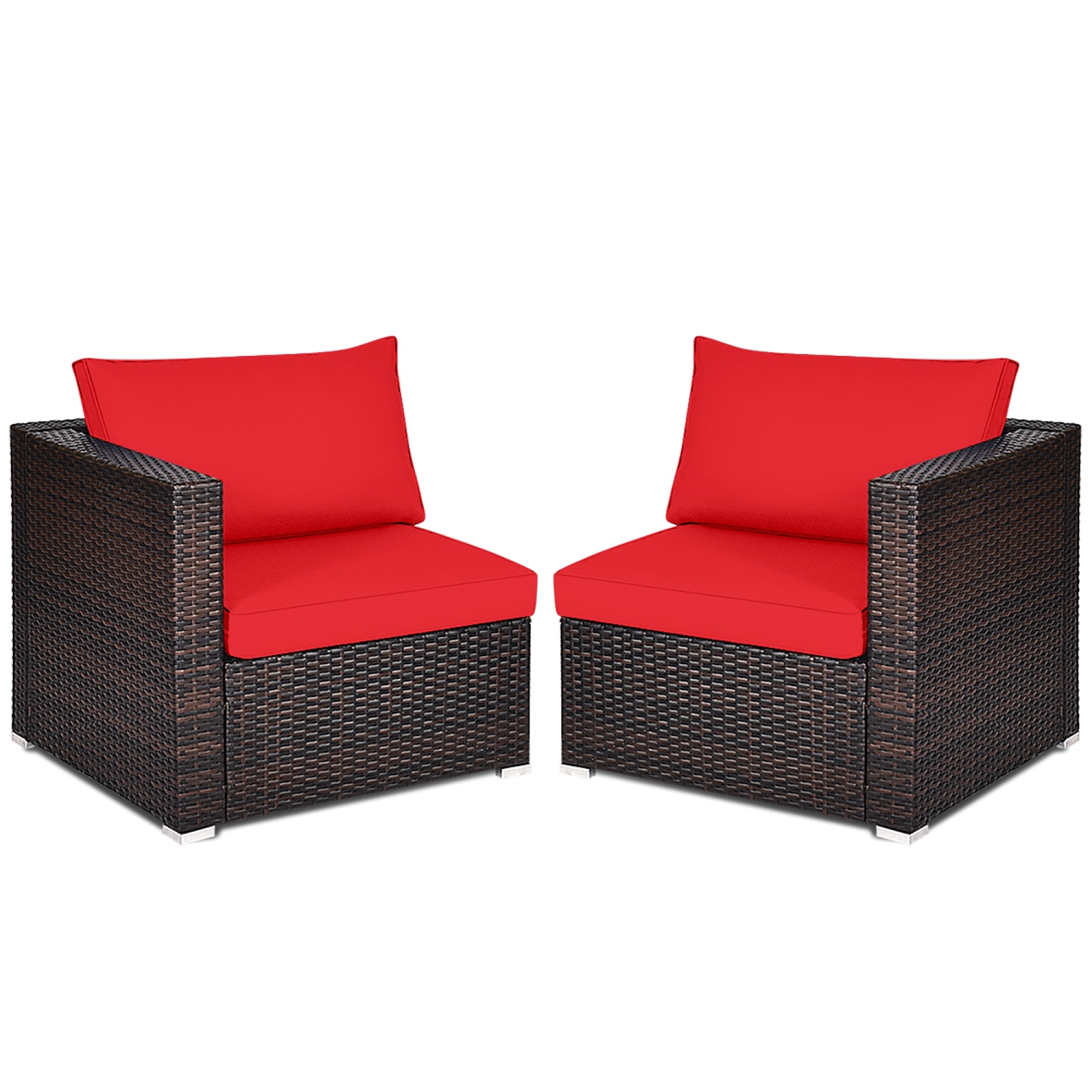 Gymax 2PCS Rattan Corner Sofa Set Patio Outdoor Furniture Set w/ 4 Red Cushions