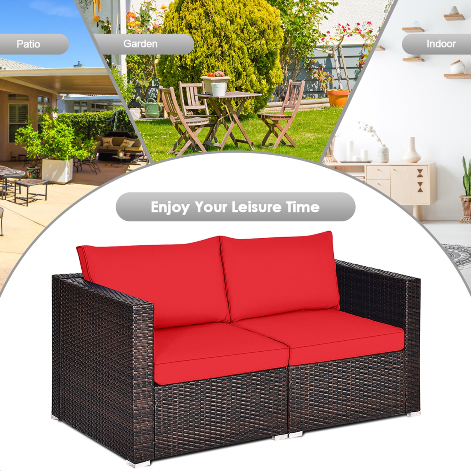 Gymax 2PCS Rattan Corner Sofa Set Patio Outdoor Furniture Set w/ 4 Red Cushions