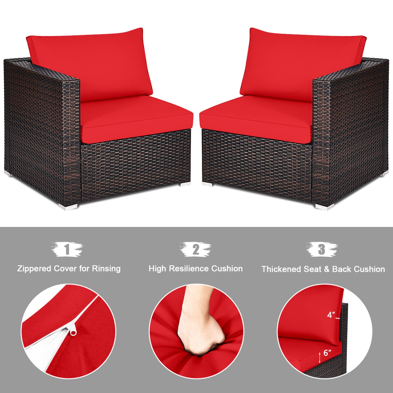 Gymax 2PCS Rattan Corner Sofa Set Patio Outdoor Furniture Set w/ 4 Red Cushions
