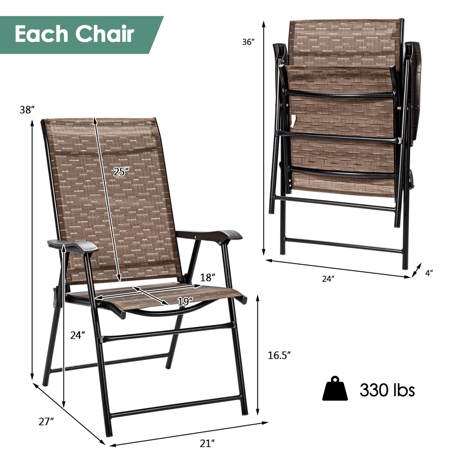Gymax Set of 2 Folding Portable Patio Chairs Yard Outdoor w/ Armrests & Backrest