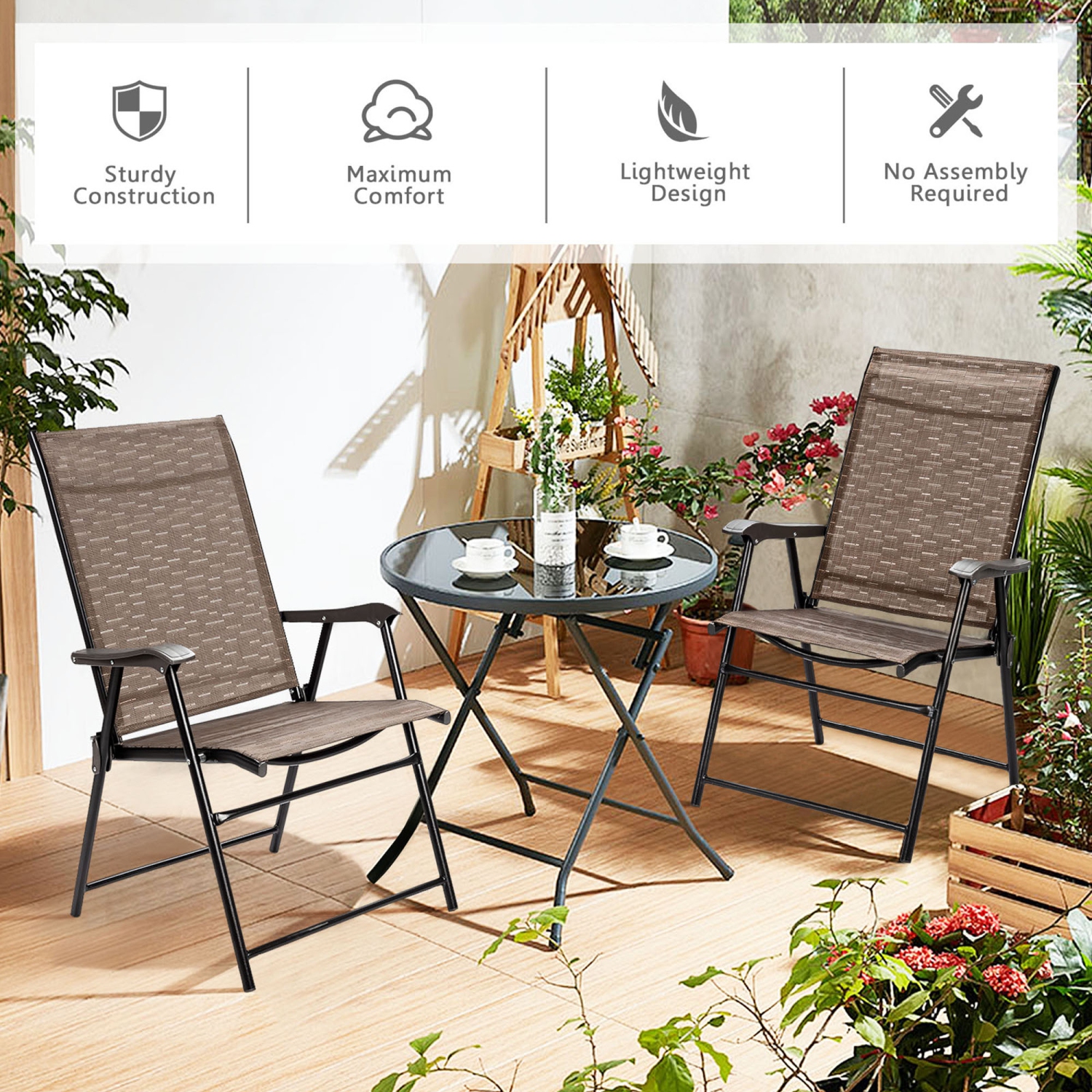 Gymax Set of 2 Folding Portable Patio Chairs Yard Outdoor w/ Armrests & Backrest