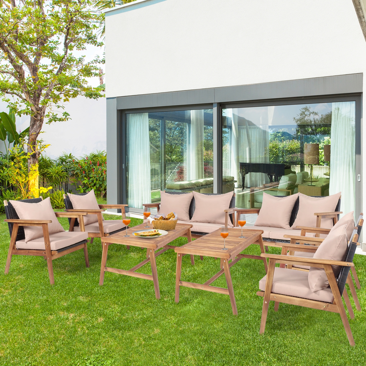 Gymax 8PCS Outdoor Furniture Set Patio Conversation Set w/ Wood Frame Cushion