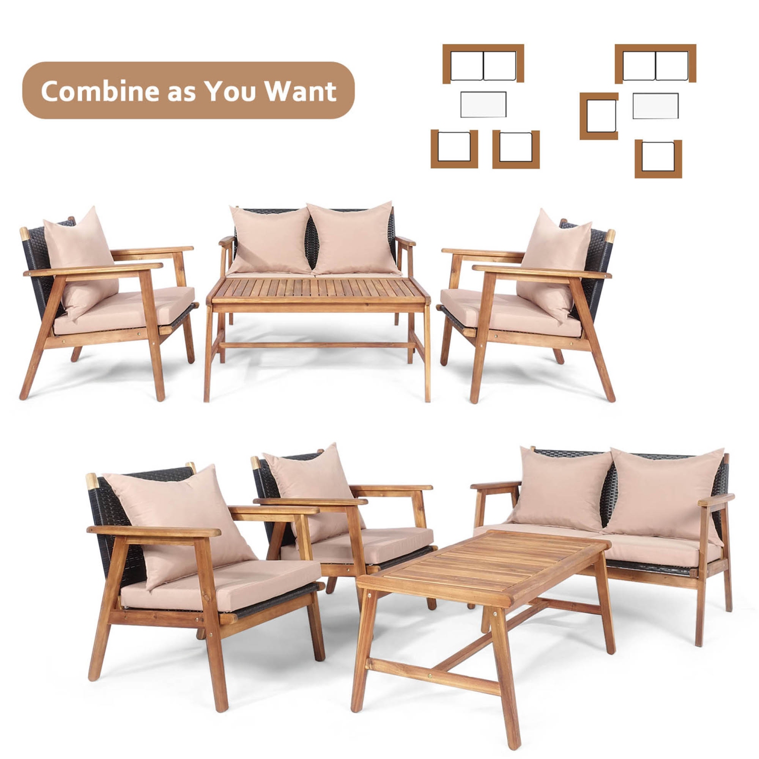 Gymax 8PCS Outdoor Furniture Set Patio Conversation Set w/ Wood Frame Cushion