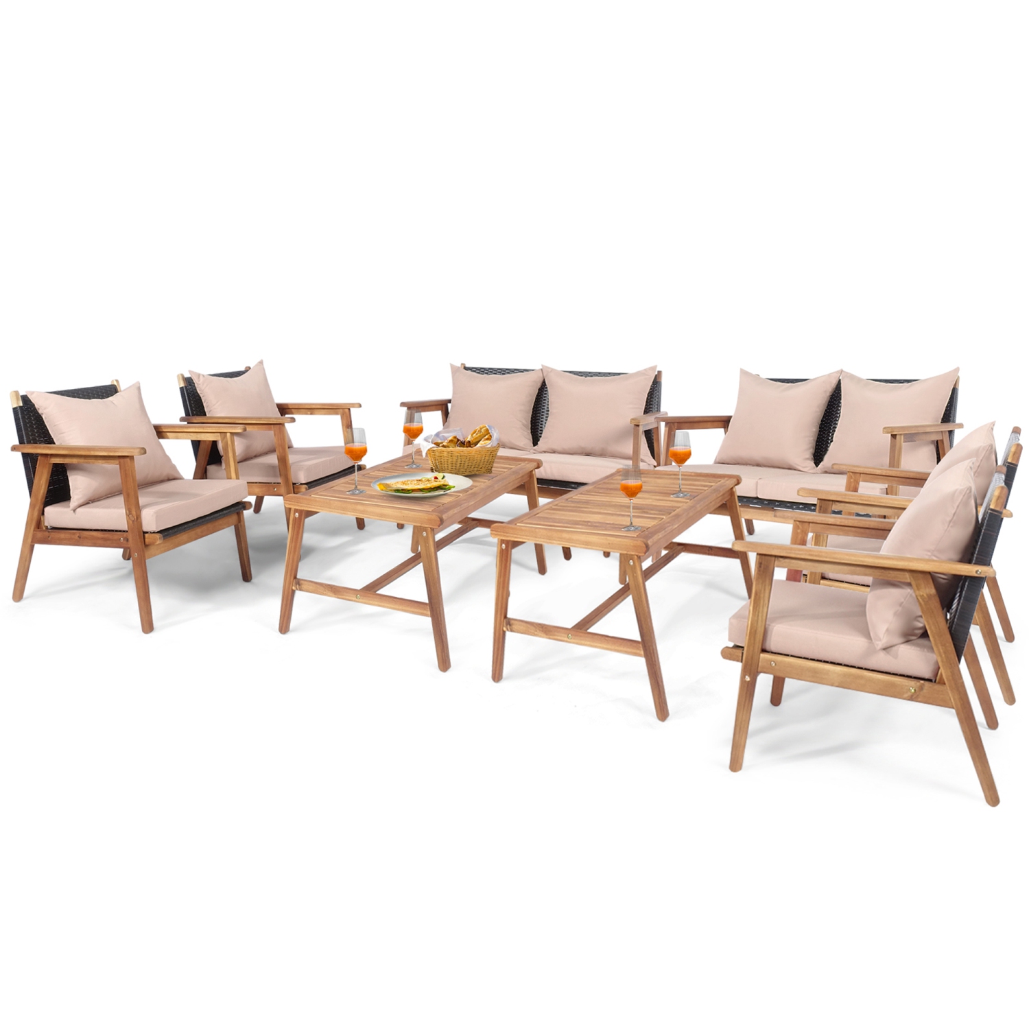 Gymax 8PCS Outdoor Furniture Set Patio Conversation Set w/ Wood Frame Cushion