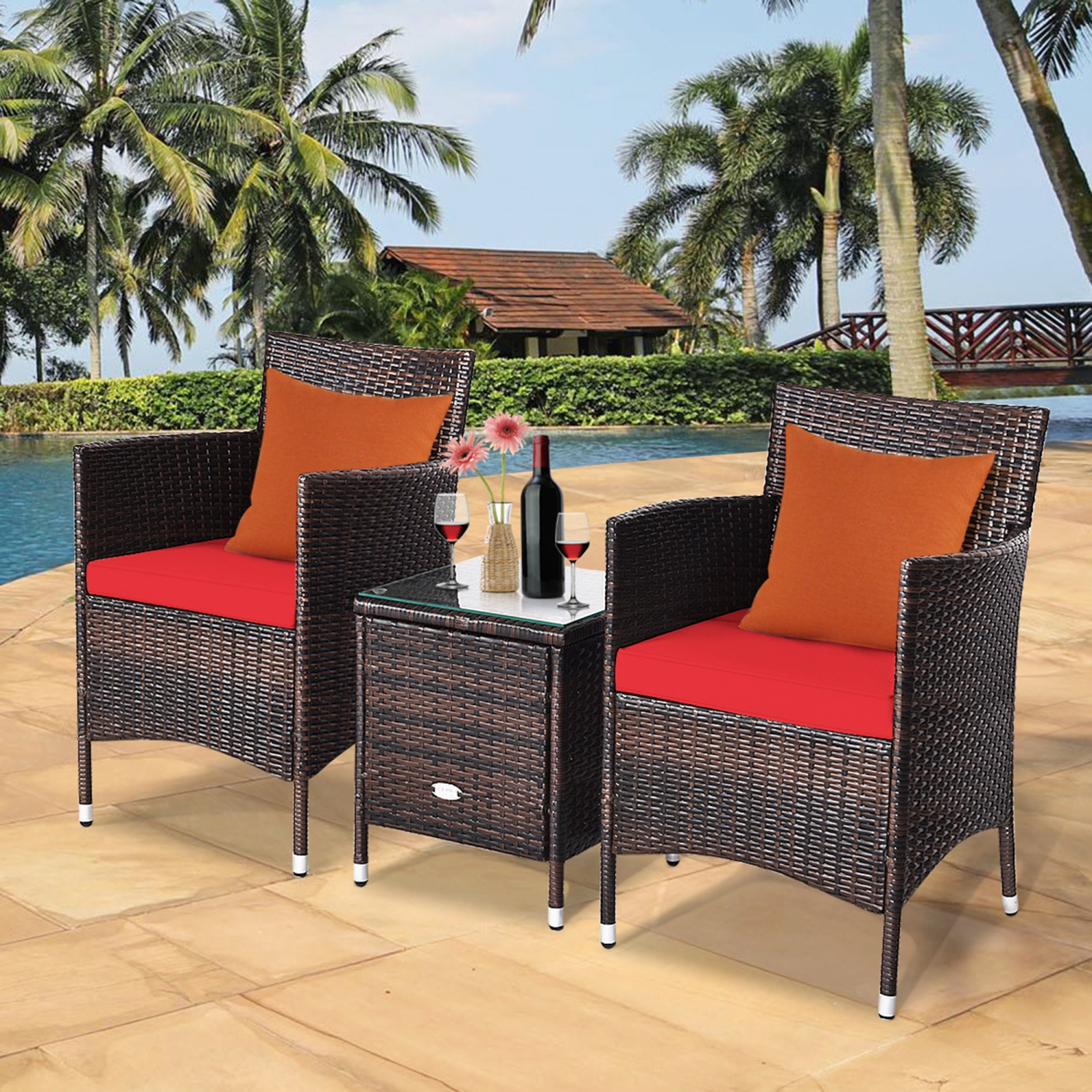 Gymax 3PCS Patio Outdoor Rattan Furniture Set w/ Cushioned Chairs Coffee Table