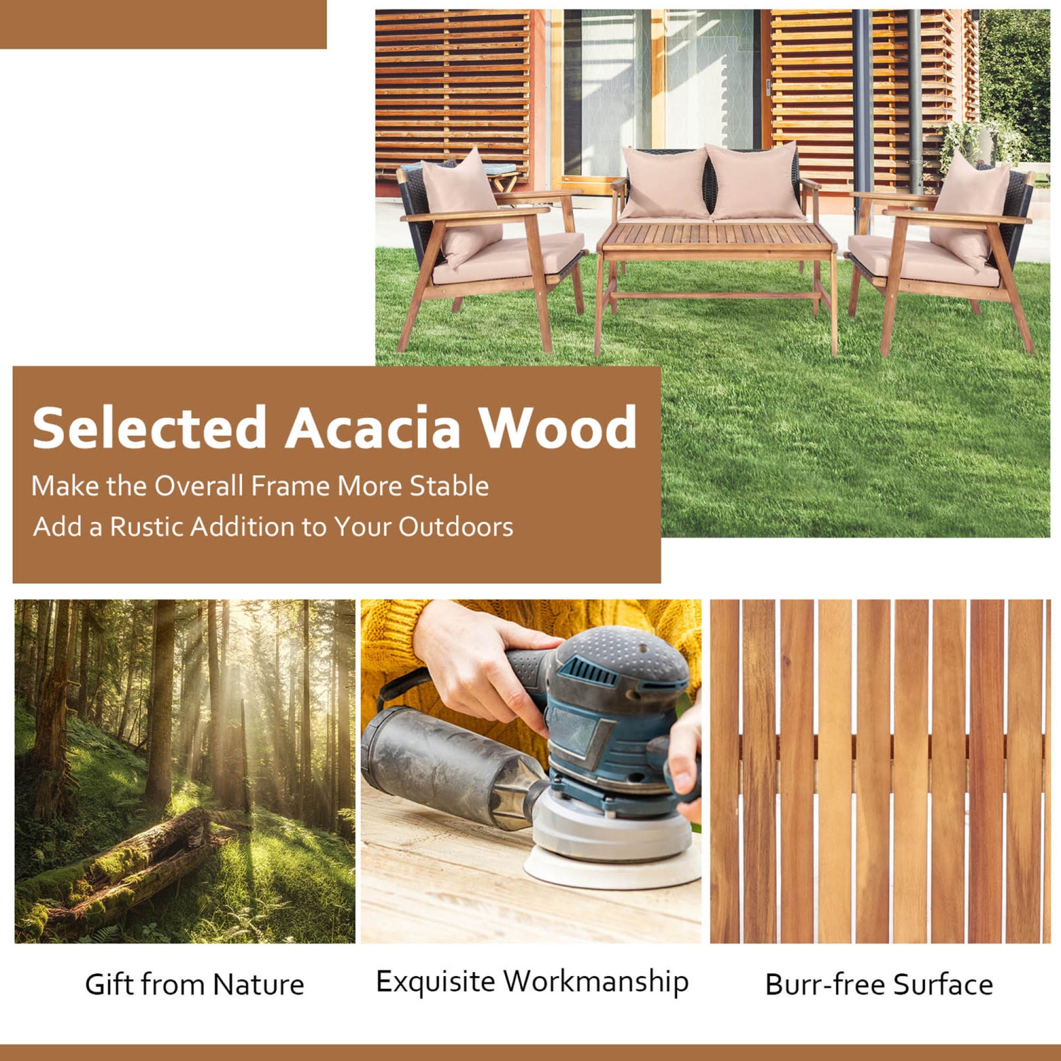 Gymax 4PCS Outdoor Furniture Set Patio Conversation Set w/ Wood Frame Cushion