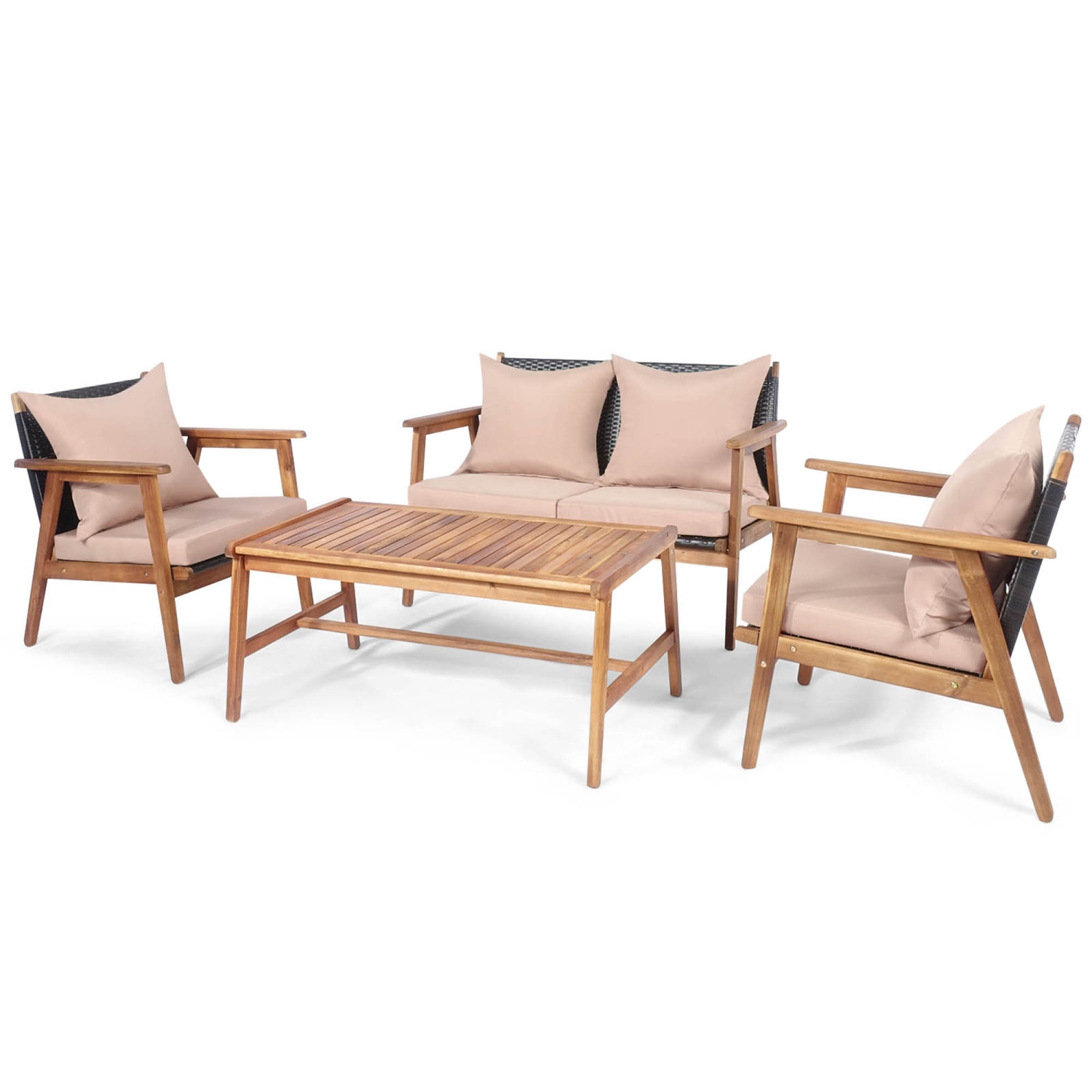 Gymax 4PCS Outdoor Furniture Set Patio Conversation Set w/ Wood Frame Cushion