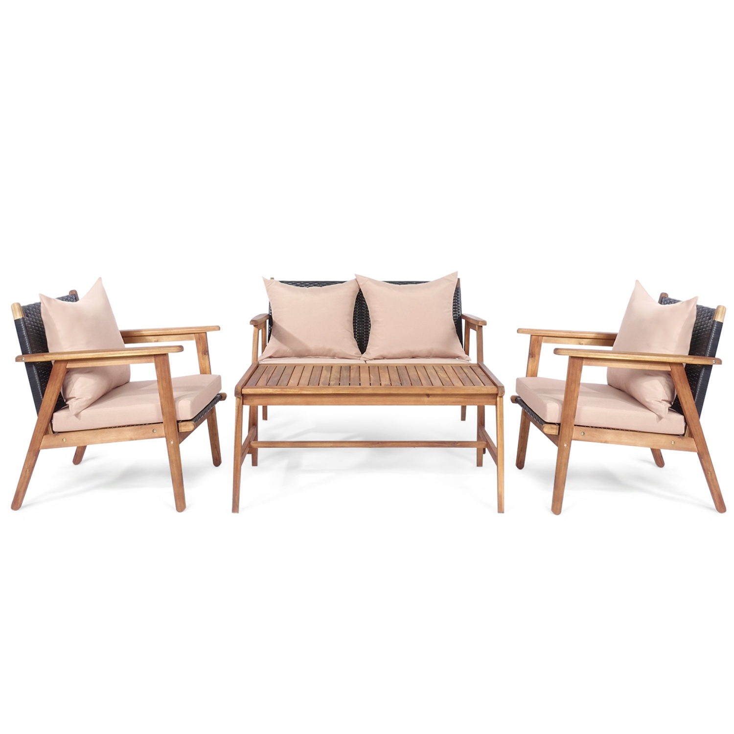 Gymax 4PCS Outdoor Furniture Set Patio Conversation Set w/ Wood Frame Cushion