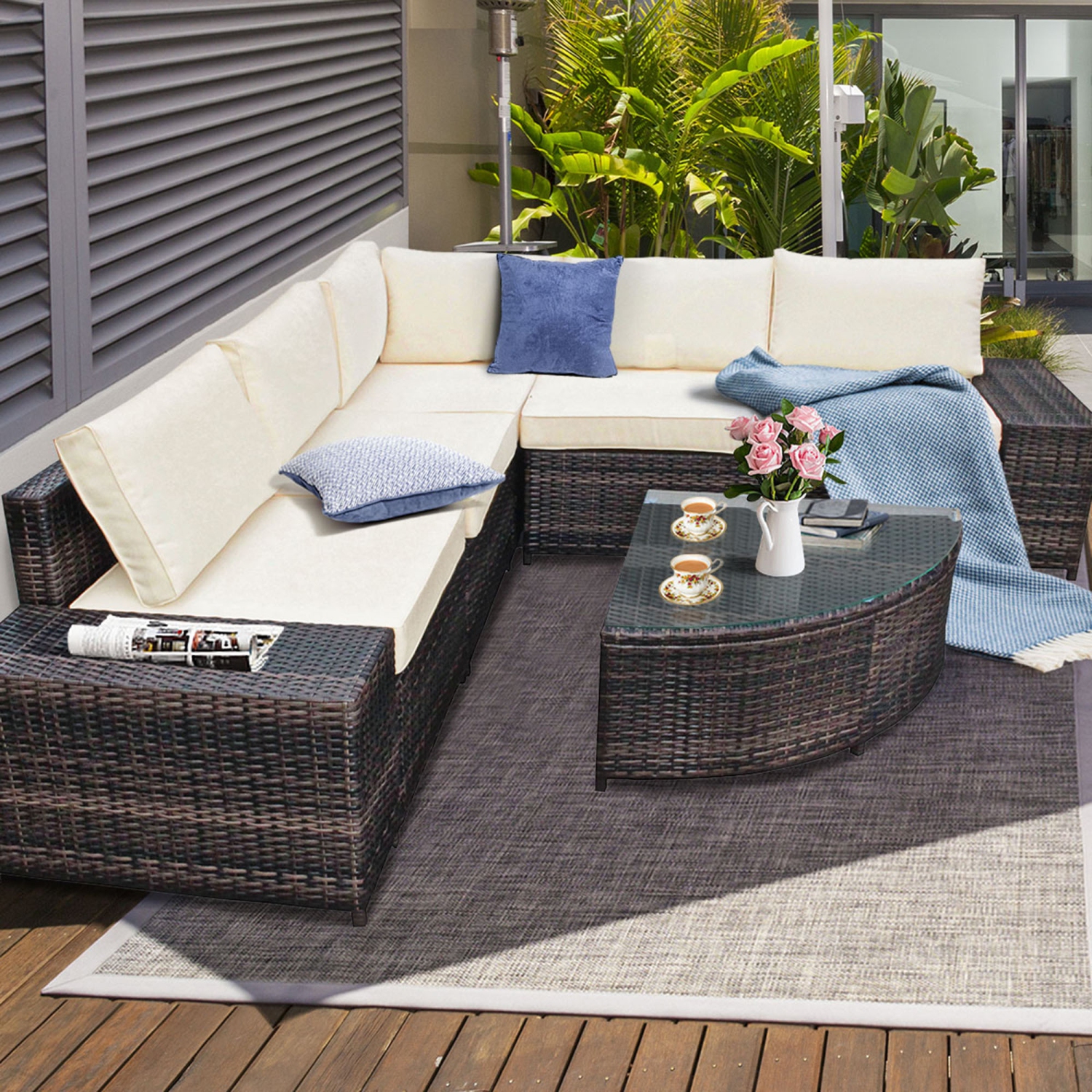 Ensemble de canapé à 6 meubles modulables en osier de marque Gymax avec coussins Déblanchissement