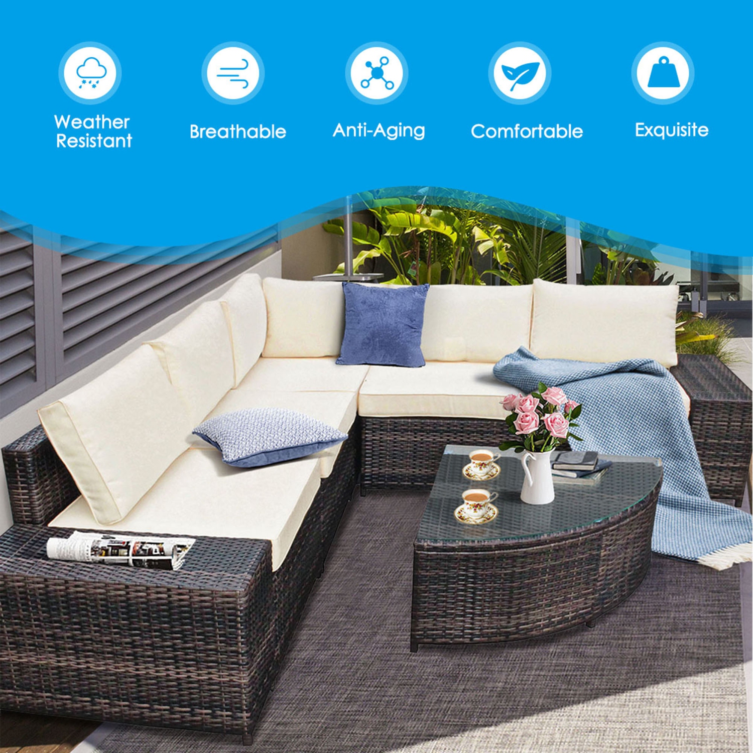 Ensemble de canapé à 6 meubles modulables en osier de marque Gymax avec coussins Déblanchissement