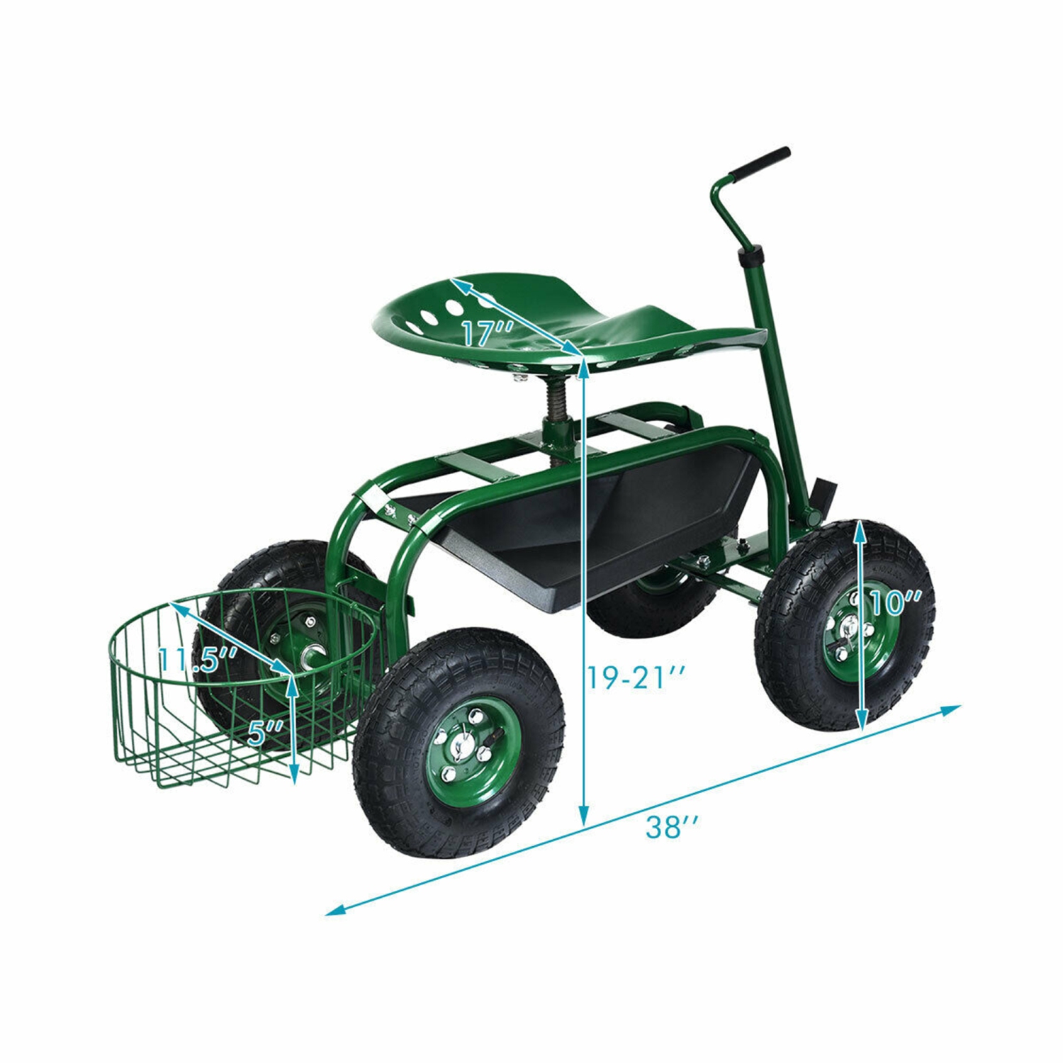 Gymax Rolling Garden Cart Scooter w/ Adjustable Seat Storage Basket Tray Green