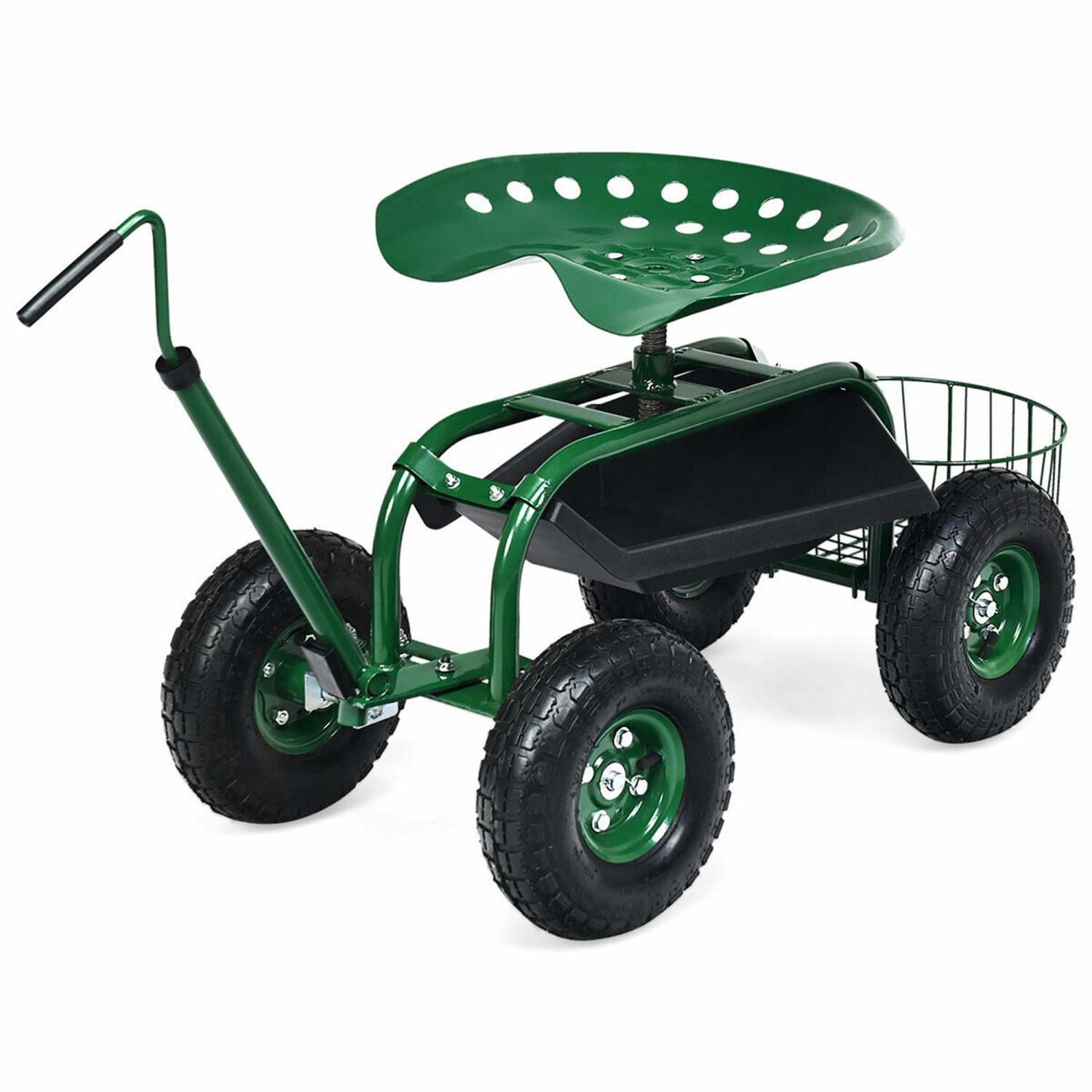 Gymax Rolling Garden Cart Scooter w/ Adjustable Seat Storage Basket Tray Green
