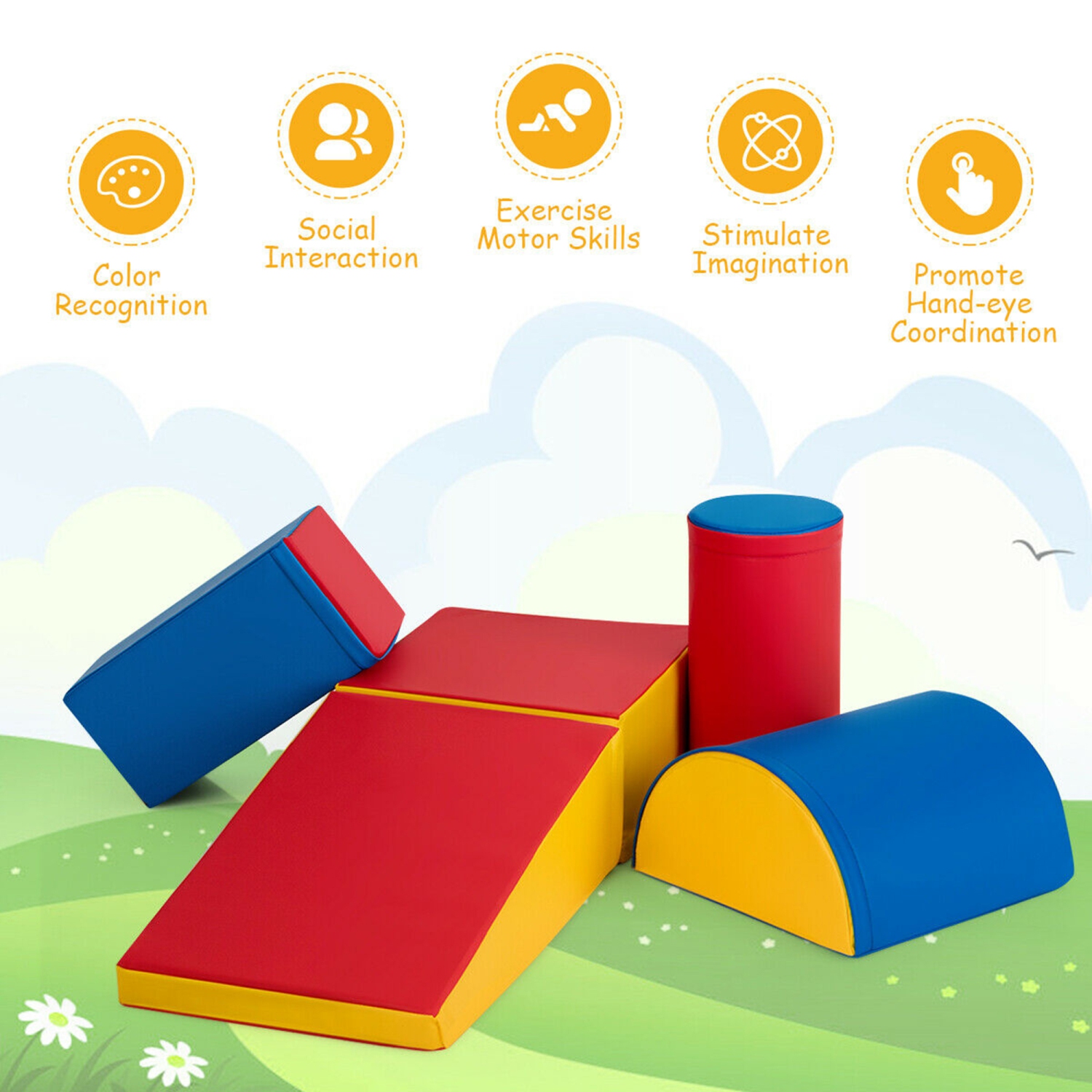 Gymax 5-Piece Kids Climb & Crawl Activity Play Set Safe Foam Blocks Soft Climber