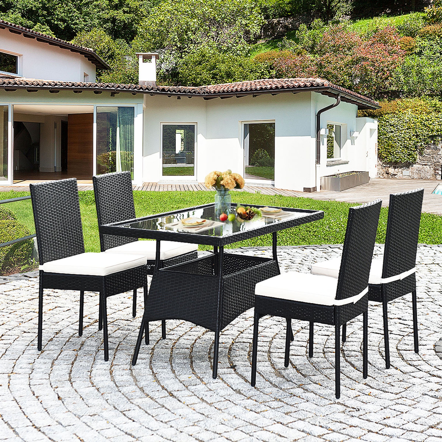 Gymax 5PCS Patio Wicker Dining Set Outdoor Rattan Furniture Set w/ Cushion