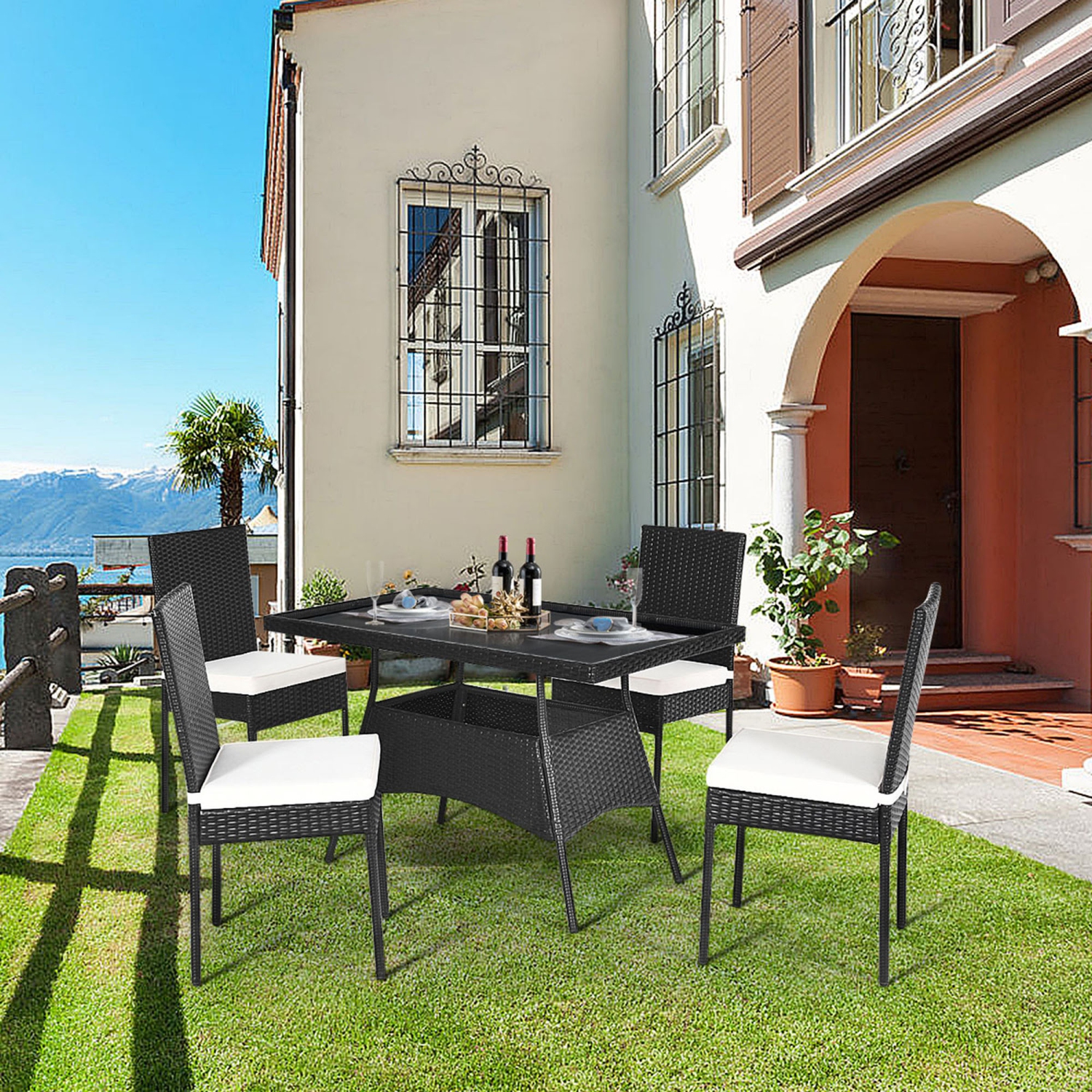 Gymax 5PCS Patio Wicker Dining Set Outdoor Rattan Furniture Set w/ Cushion