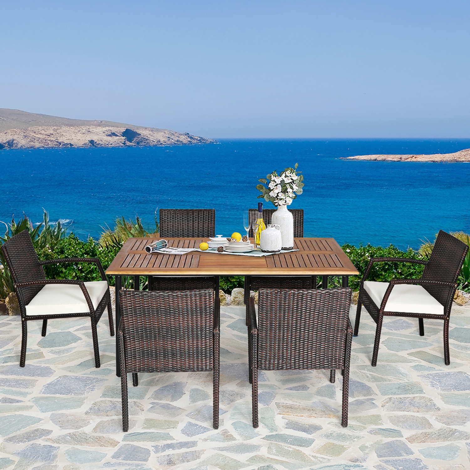 7PCS Ensemble de salle à manger de patio Ensemble de mobiliers d'extérieur avec 6 fauteuils avec trou pour parasol Gymax