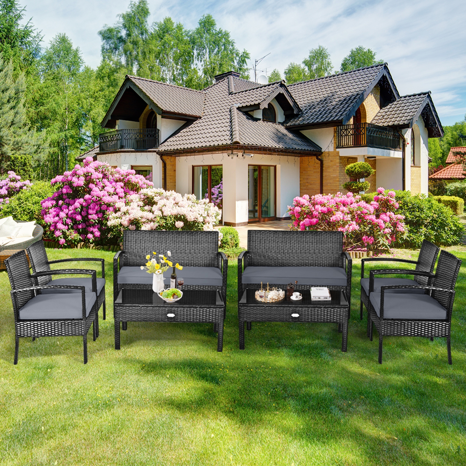 Mobilier de Jardin en Rotin Gymax 8 pièces en Osier Noir