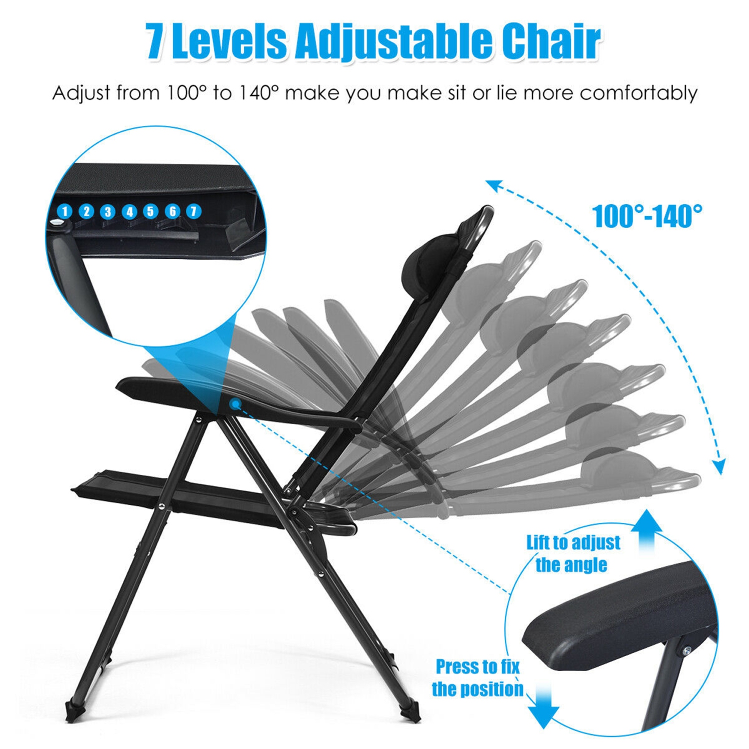 Gymax 4PC Folding Chairs Adjustable Reclining Chairs with Headrest Patio Garden Black