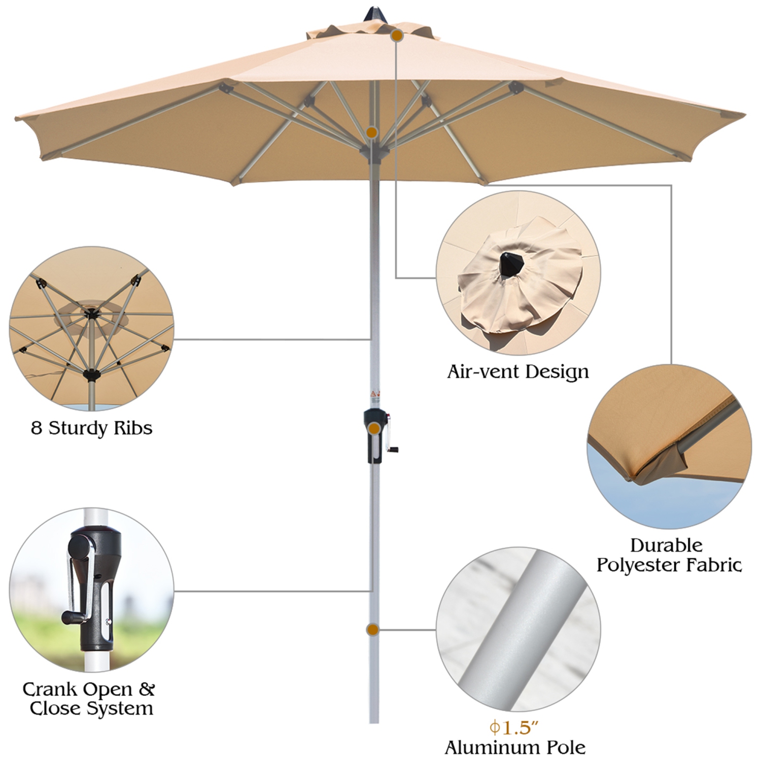 Gymax 9Ft Patio Outdoor Umbrella Market Table Umbrella w/ Crank 8 Ribs Beige