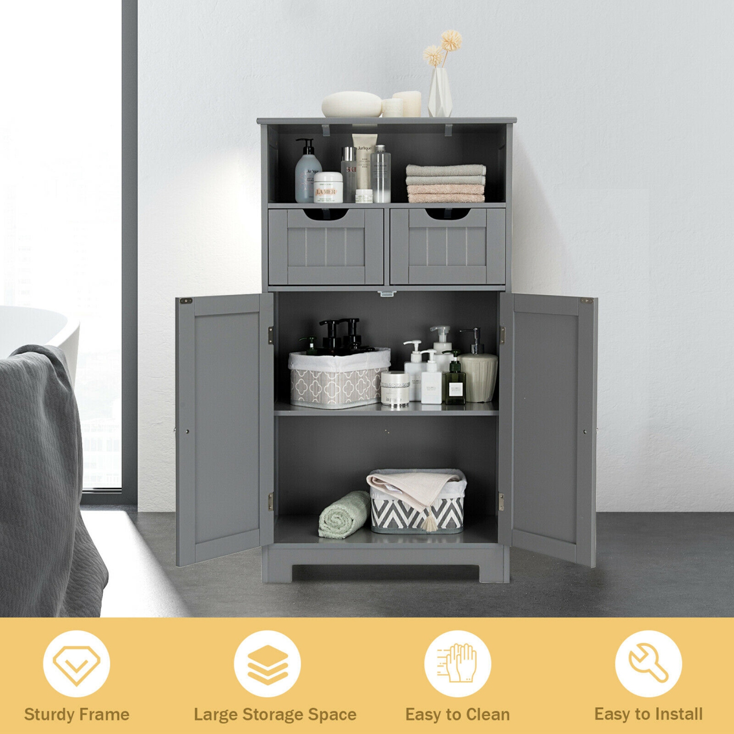 Gymax Bathroom Floor Cabinet Wooden Storage Organizer w/Drawer Doors