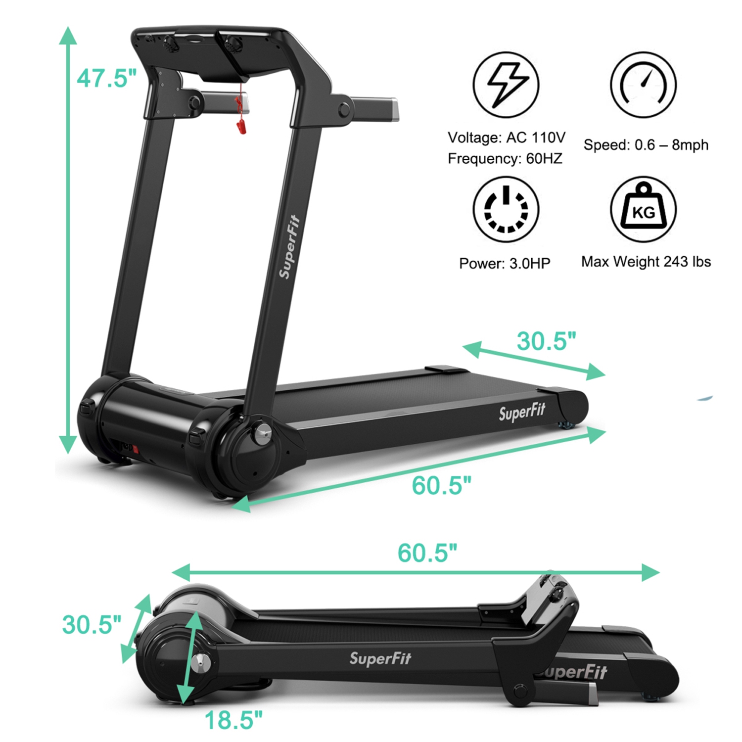 Gymax Tapis Roulant Électrique Pliable Appareil pour Exercices de Course Puissance de 3.0 HP avec contrôle via application
