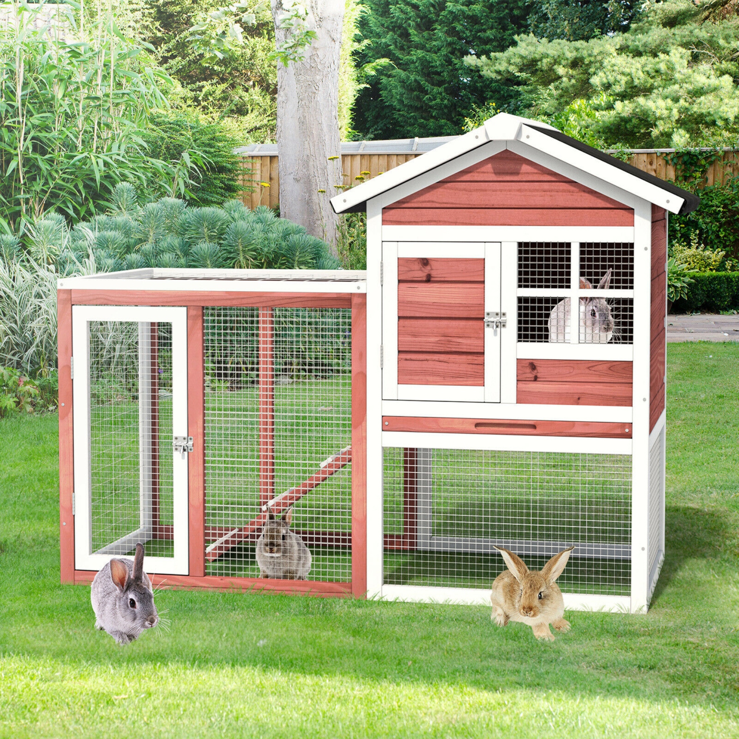 Enclos en Bois Naturel Gymax Clapier Intérieur u0026 Extérieur pour