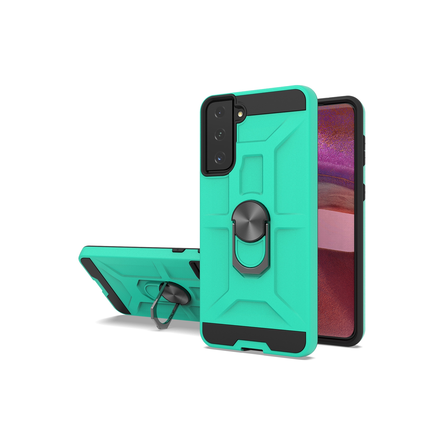 TopSave PC+TPU Rugged Hybrid Cover Case w/360 Degrees Rotating Ring Stand For Samsung Galaxy S21 Plus, Teal