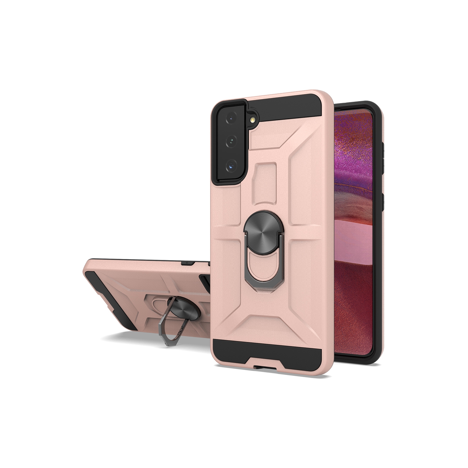 TopSave PC+TPU Rugged Hybrid Cover Case w/360 Degrees Rotating Ring Stand For Samsung Galaxy S21 Plus, Rose Gold