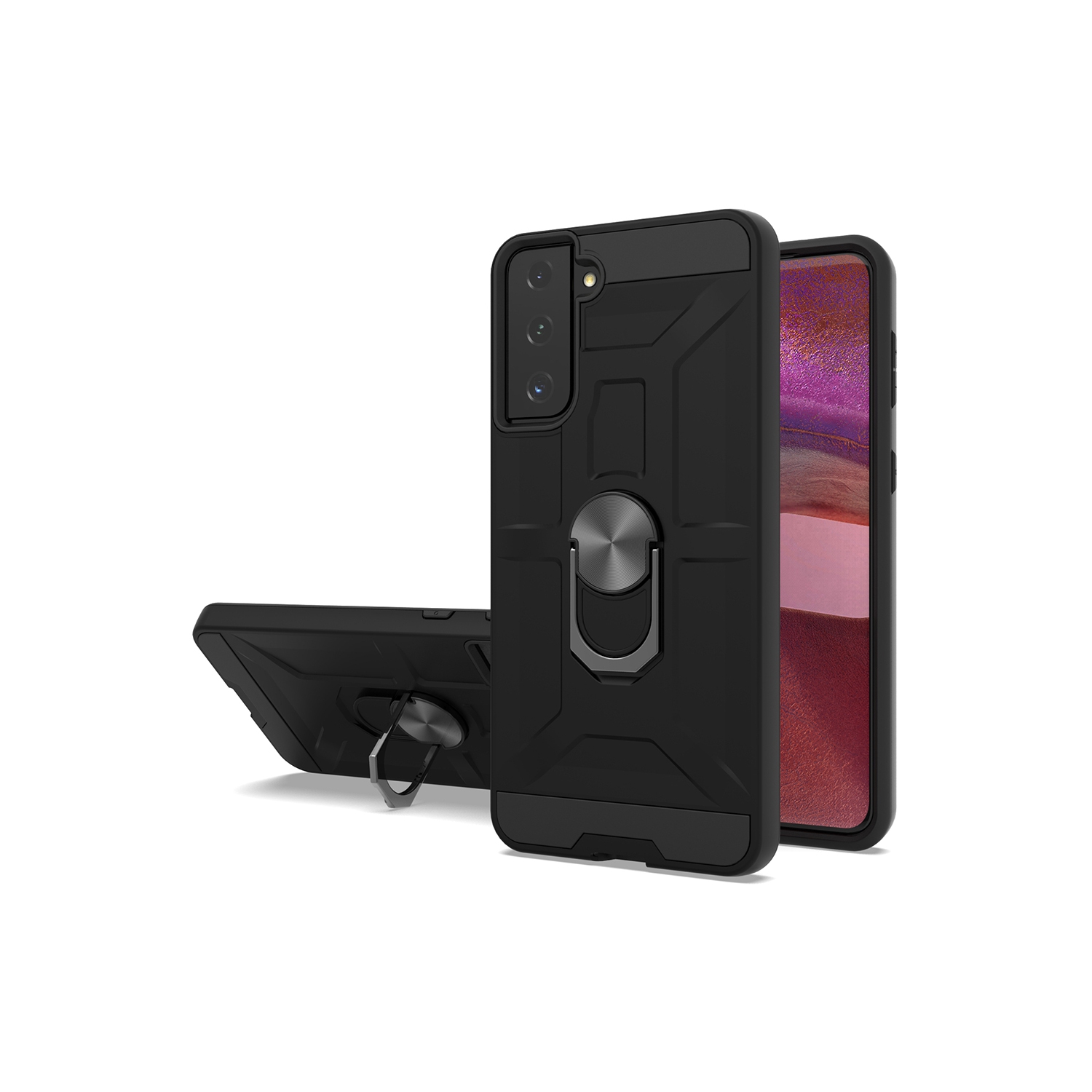 TopSave PC+TPU Rugged Hybrid Cover Case w/360 Degrees Rotating Ring Stand For Samsung Galaxy S21 Plus, Black