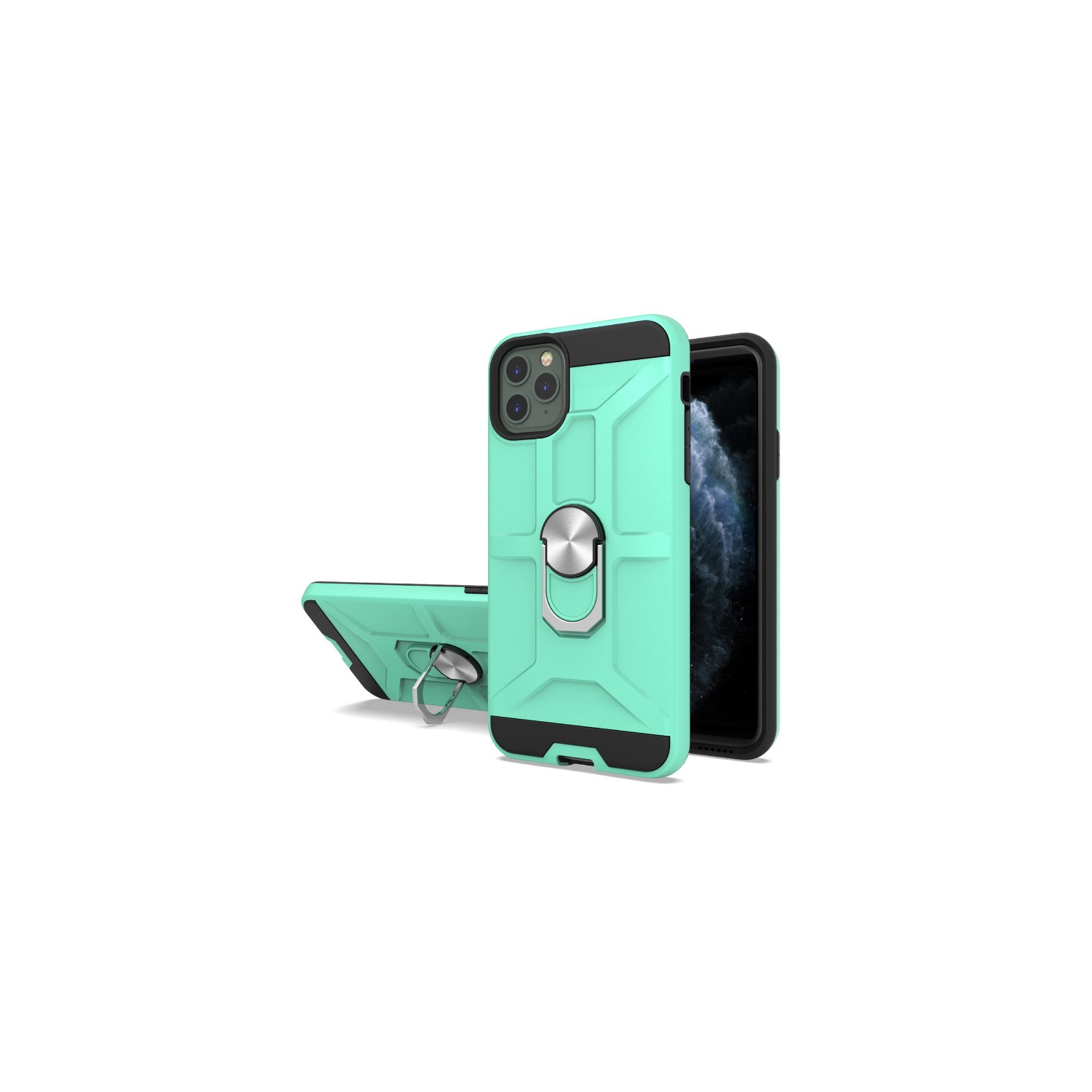 TopSave PC+TPU Rugged Hybrid Cover Case w/360 Degrees Rotating Ring Stand For iPhone 12 Mini, Teal