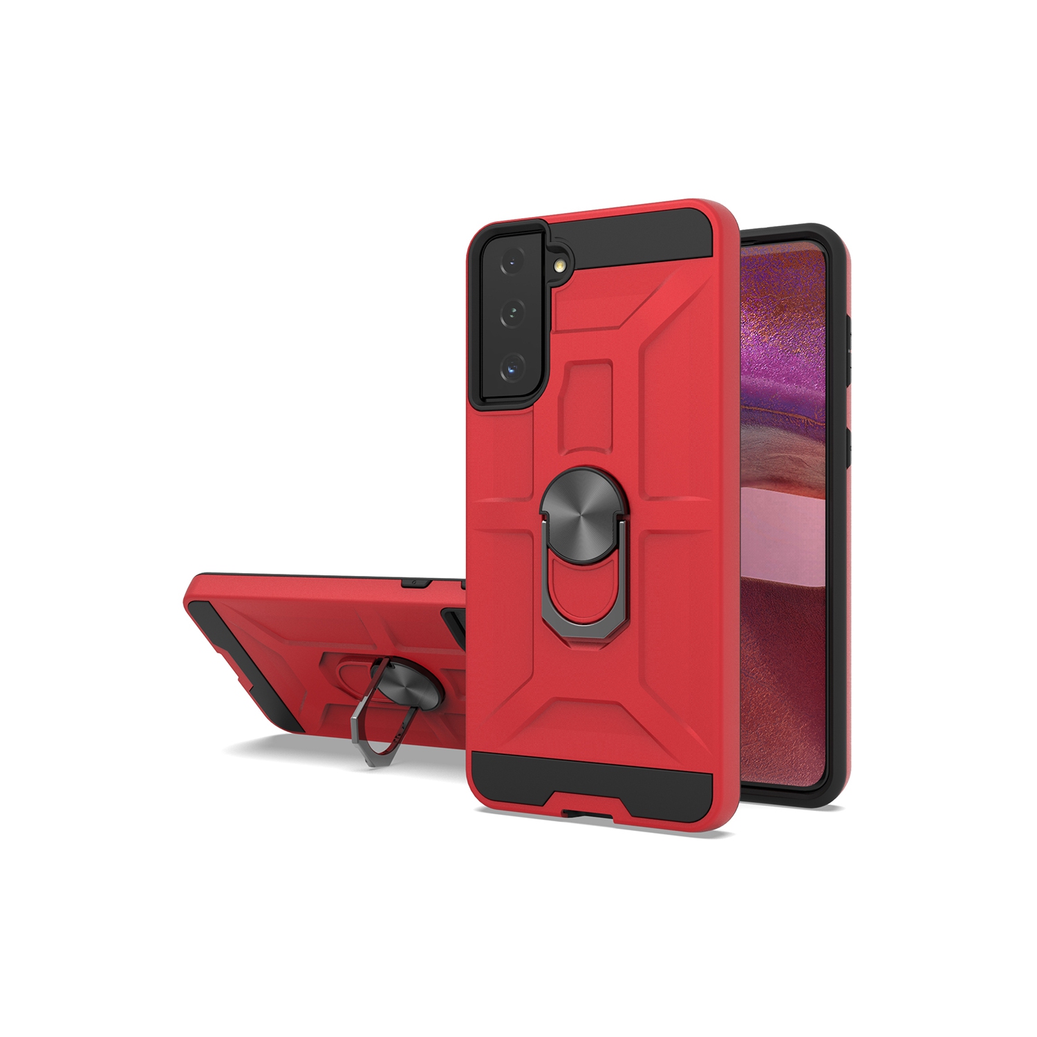 TopSave PC+TPU Rugged Hybrid Cover Case w/360 Degrees Rotating Ring Stand For Samsung Galaxy S21 Plus, Red