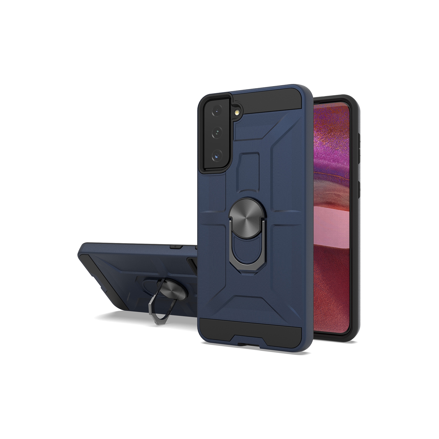 TopSave PC+TPU Rugged Hybrid Cover Case w/360 Degrees Rotating Ring Stand For Samsung Galaxy S21 Plus, Navy Blue