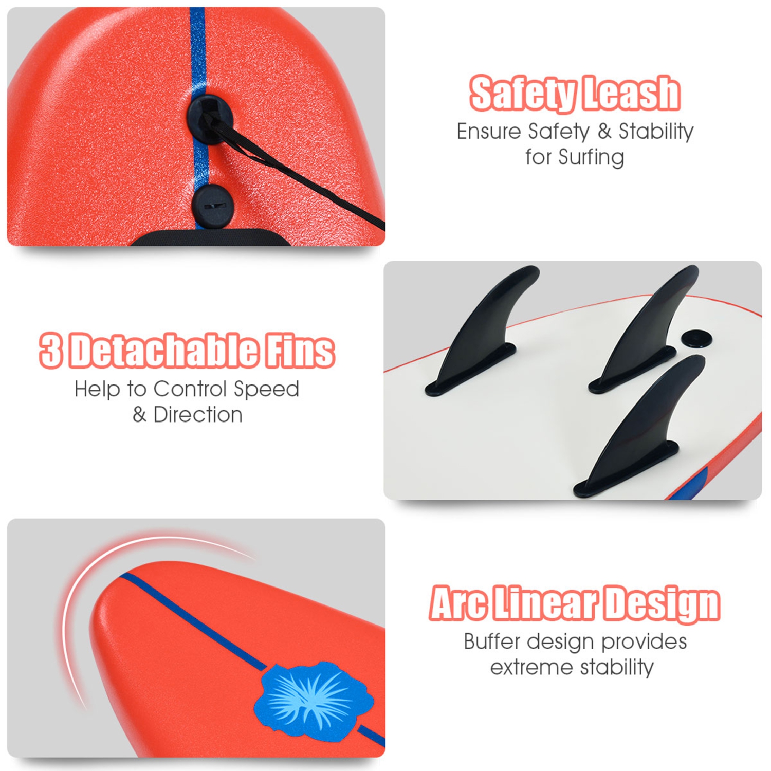 Gymax Planche de Surf 6ft avec 3 Ailerons Amovibles et Leash de Sécurité