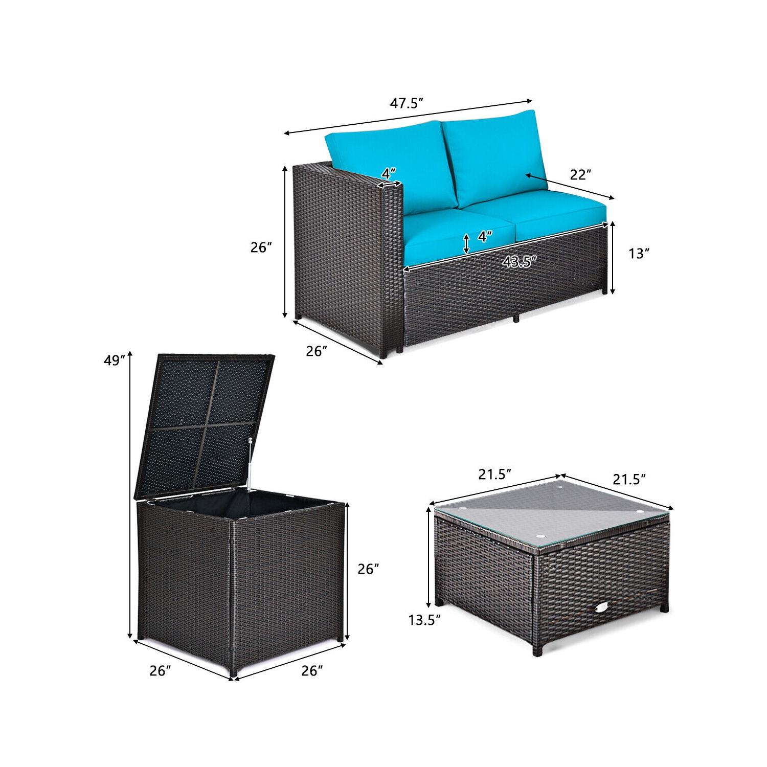 Gymax 4PCS Cushioned Rattan Patio Conversation Set w/ Side Table Turquoise Cushion