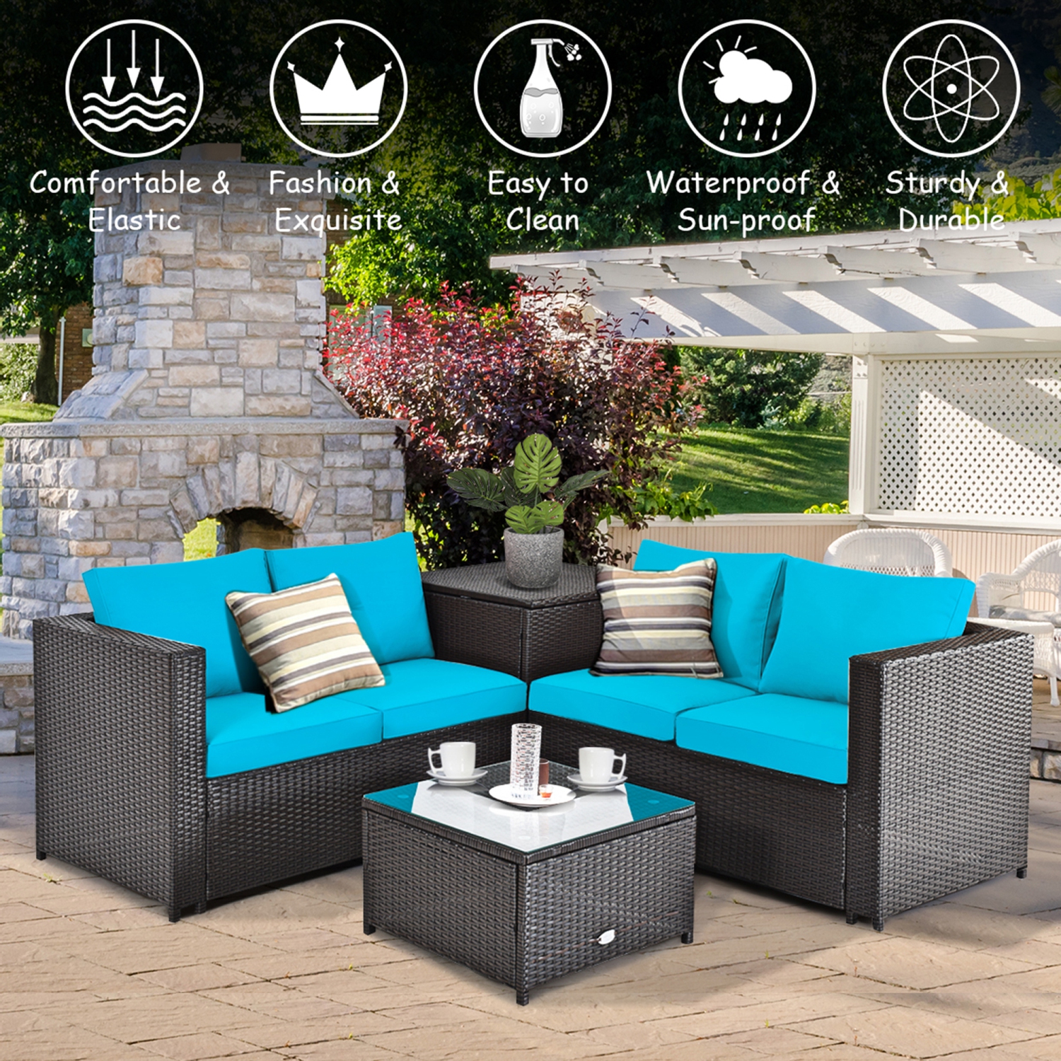 Gymax 4PCS Cushioned Rattan Patio Conversation Set w/ Side Table Turquoise Cushion