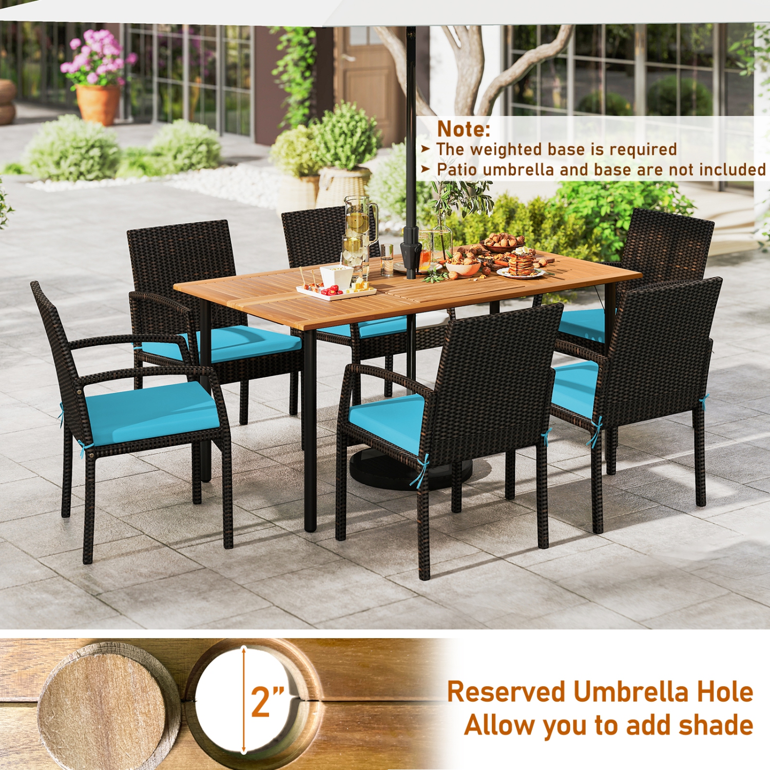 7PCS Ensemble de salle à manger de patio Ensemble de mobiliers d'extérieur avec 6 fauteuils avec trou pour parasol Gymax