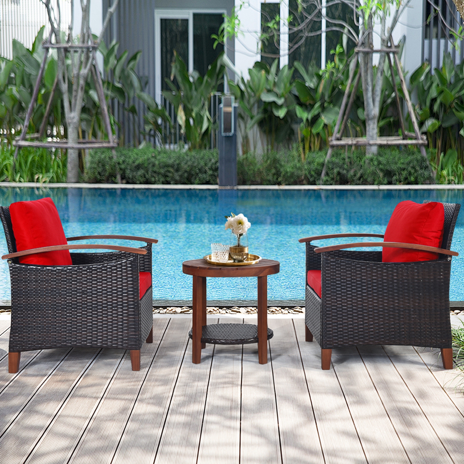 Gymax 3PCS Patio Wicker Rattan Conversation Set Outdoor Furniture Set w/ Red Cushion