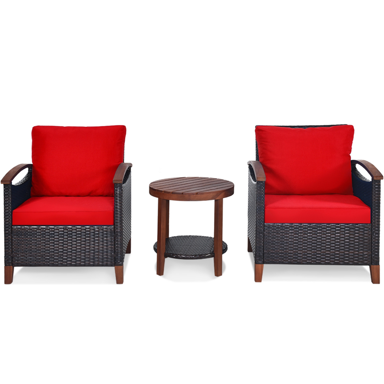 Gymax 3PCS Patio Wicker Rattan Conversation Set Outdoor Furniture Set w/ Red Cushion