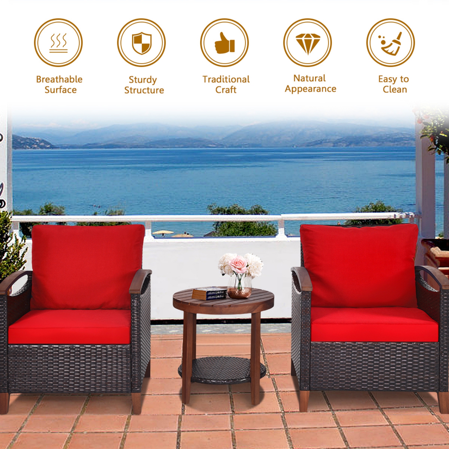 Gymax 3PCS Patio Wicker Rattan Conversation Set Outdoor Furniture Set w/ Red Cushion