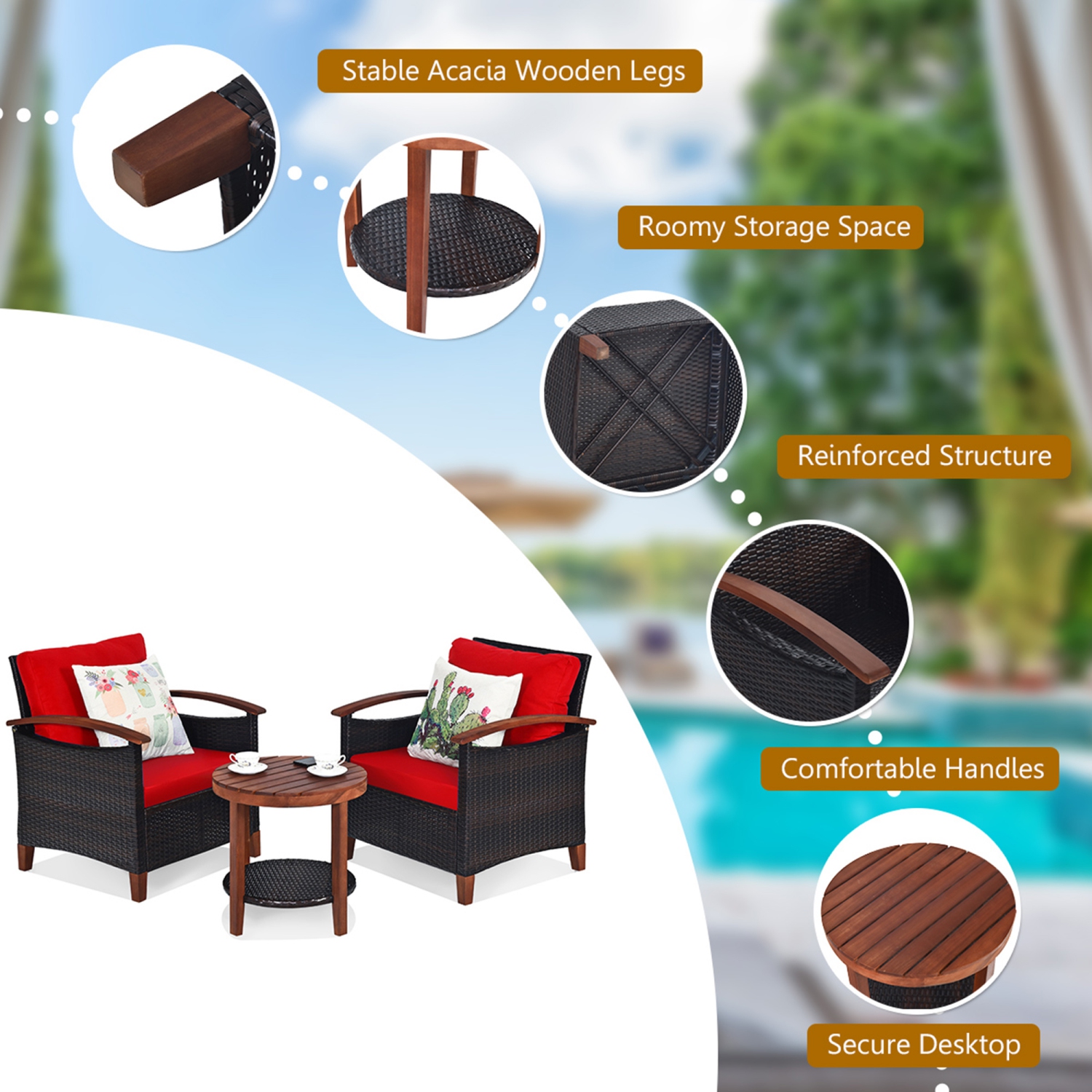 Gymax 3PCS Patio Wicker Rattan Conversation Set Outdoor Furniture Set w/ Red Cushion