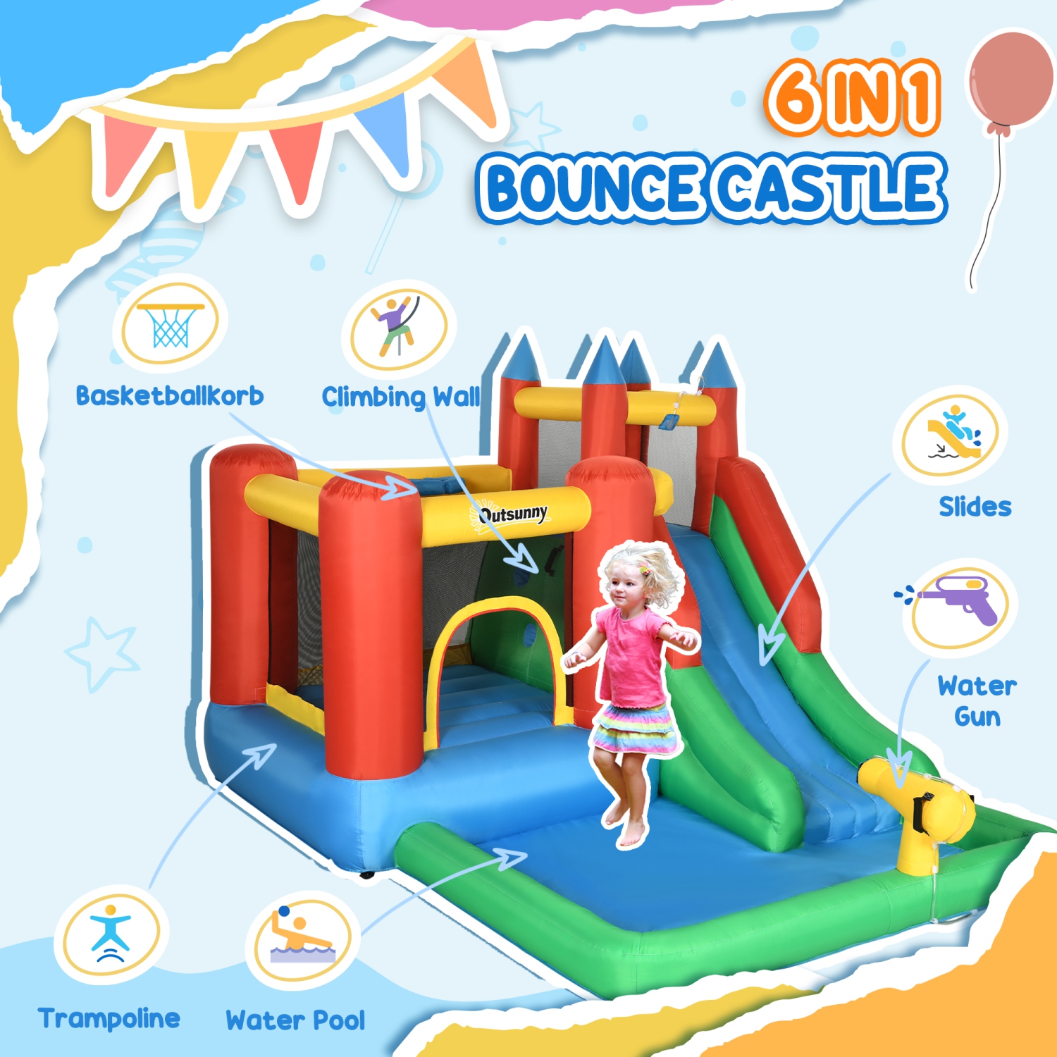 Outsunny Kids Bouncy House Inflatable Toys Pool Water Slide Trampoline, Bounce Castle Climbing Wall with Inflator, Inflatable Games for Boys and