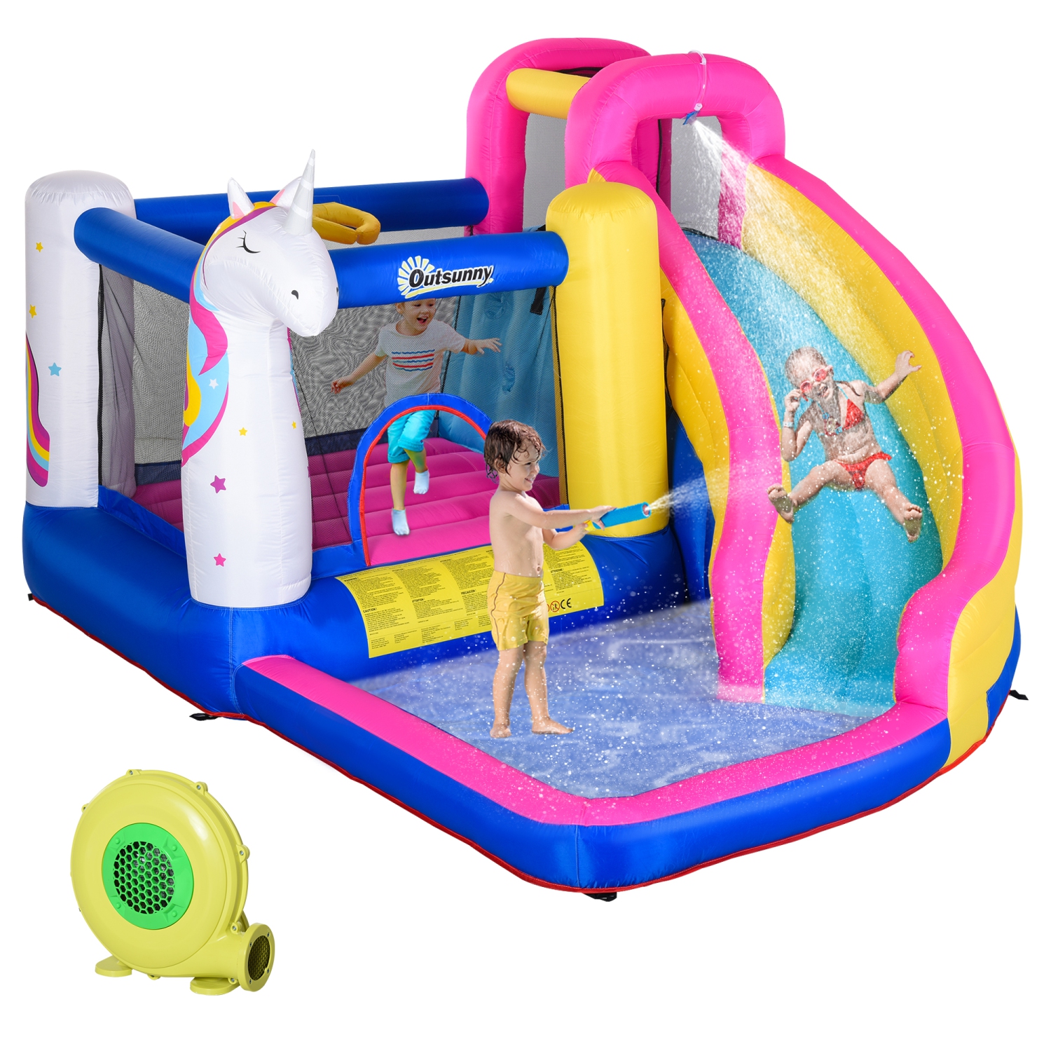 Outsunny Kids Bounce Castle House Inflatable Trampoline Water Slide Pool Climbing Wall 5 in 1 with Inflator for Kids Age 3-12 Summer 12.4' x 10.5' x 6.9' Multi-color