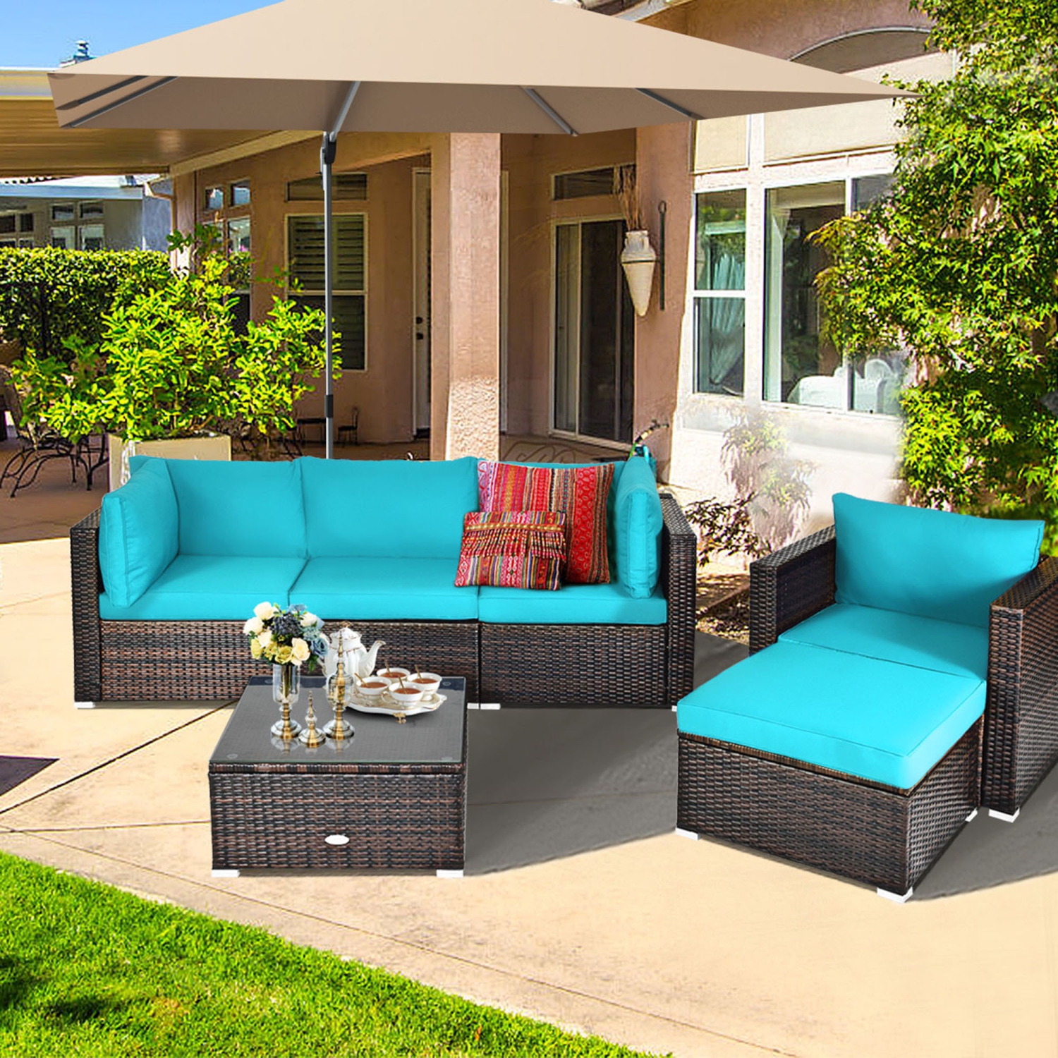 Gymax 6PCS Patio Conversation Set Rattan Sectional Furniture Set w/ Turquoise Cushions