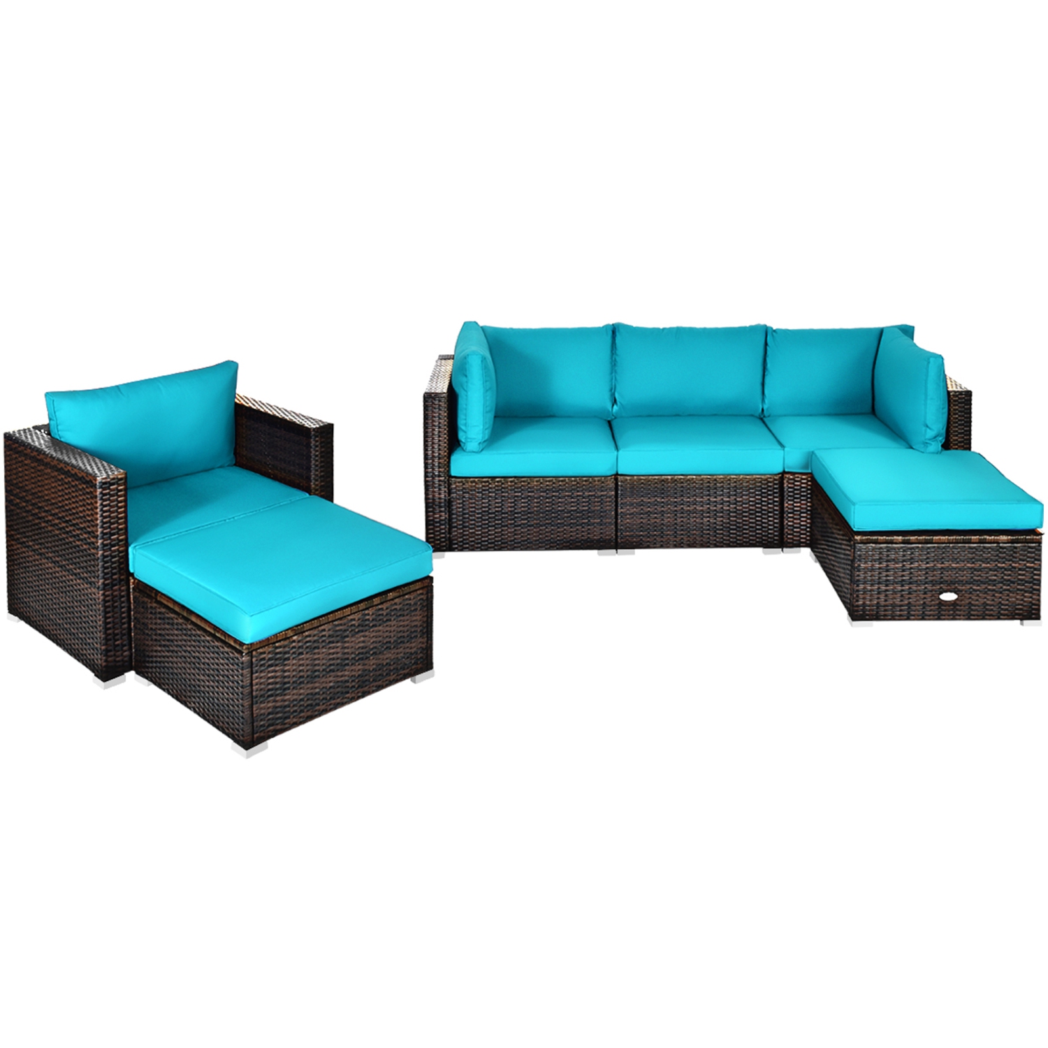 Gymax 6PCS Patio Conversation Set Rattan Sectional Furniture Set w/ Turquoise Cushions