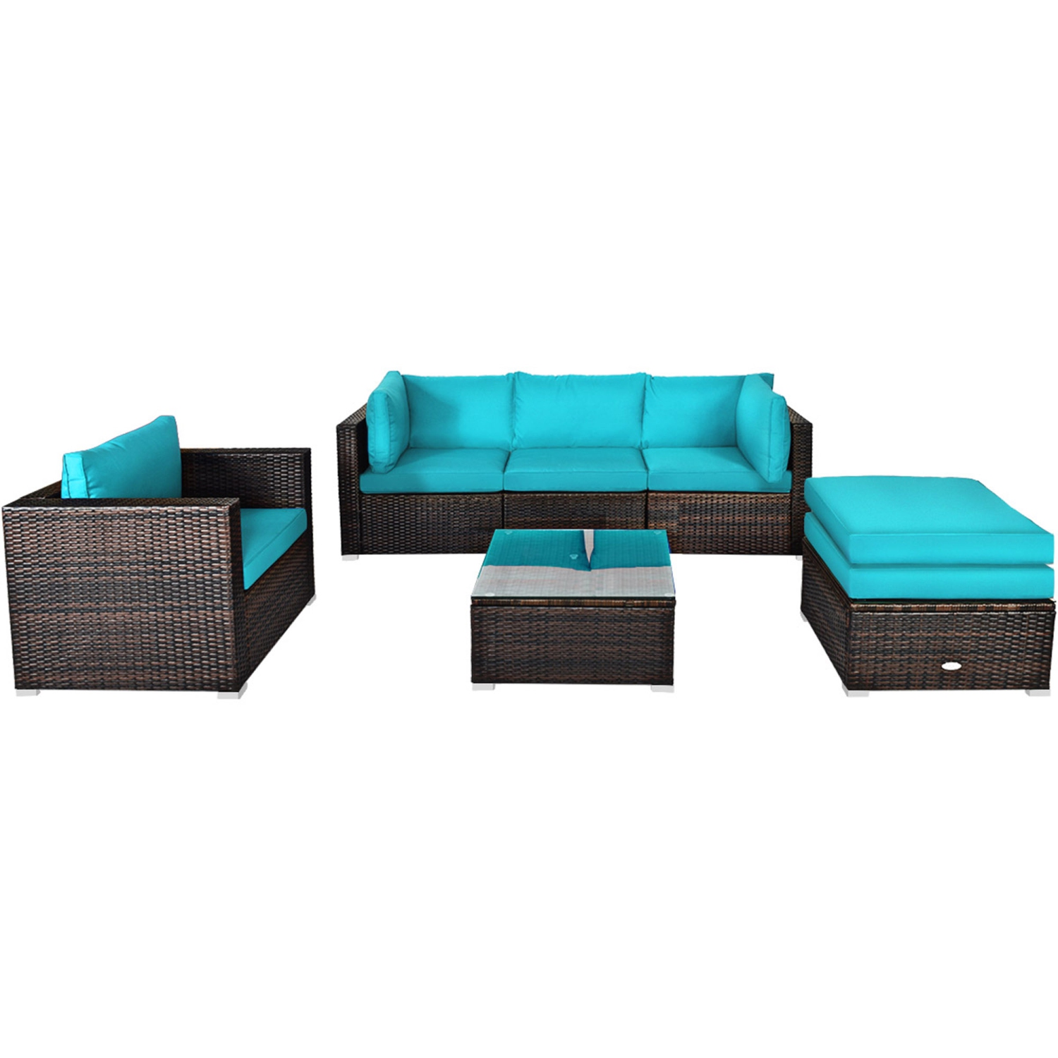 Gymax 6PCS Patio Conversation Set Rattan Sectional Furniture Set w/ Turquoise Cushions